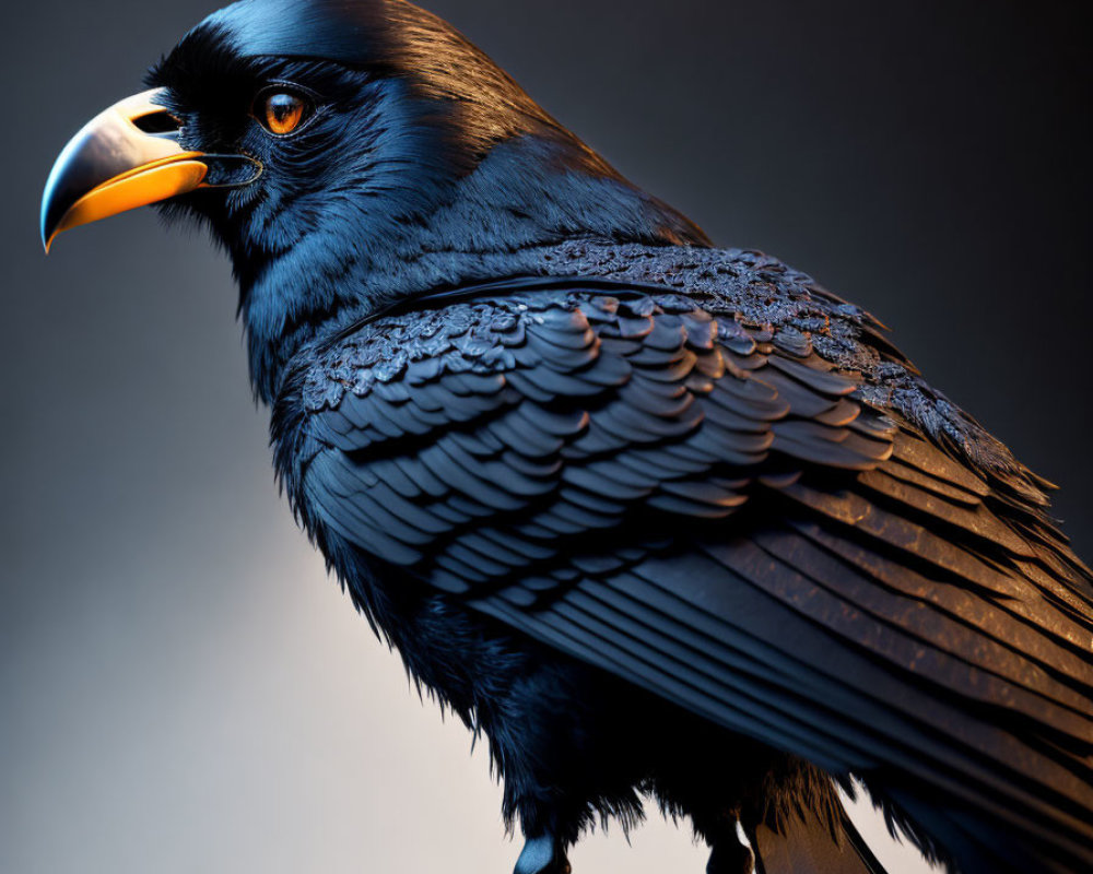 Detailed image: Glossy black raven with orange beak on grey gradient.
