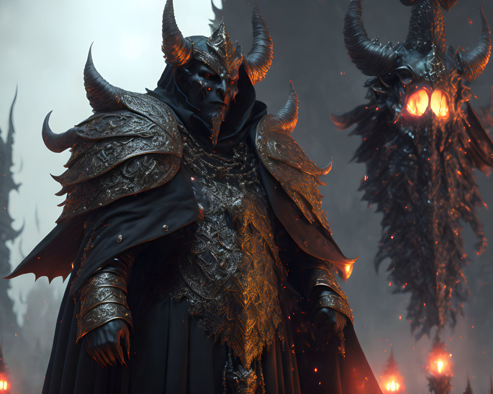 Sinister demonic figures in ornate armor on dark fiery landscape