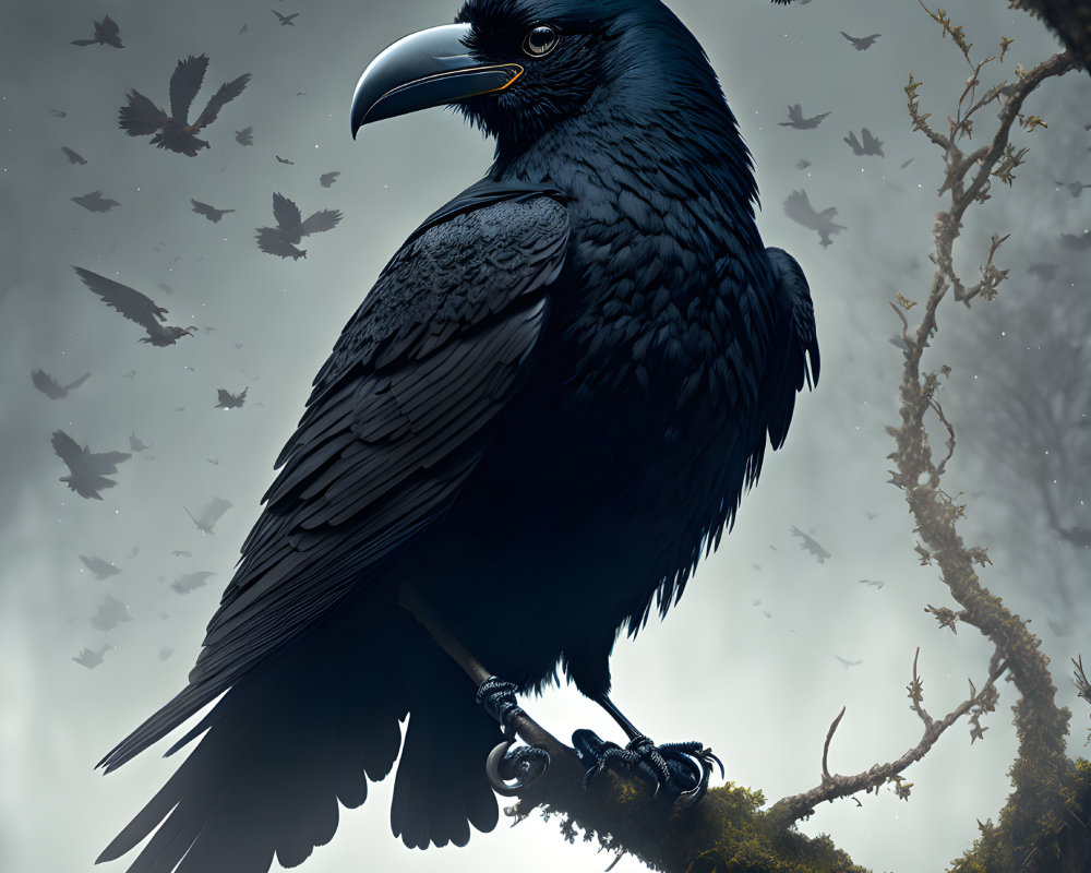Detailed image of raven on branch with silhouetted ravens against moody sky
