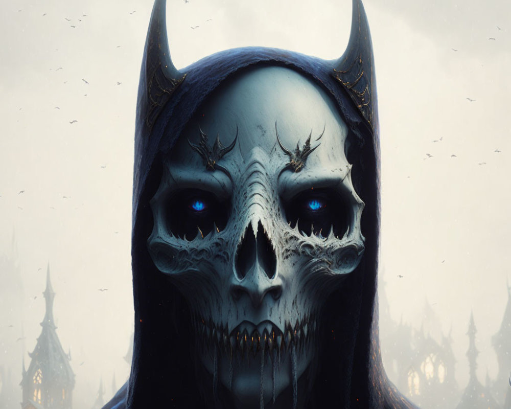 Skull with Glowing Blue Eyes and Horned Helmet in Gothic Background