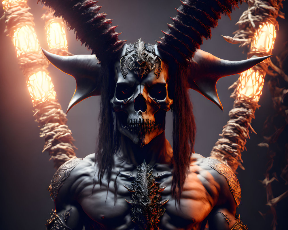 Person in Skull Mask with Horns and Armor Poses Dramatically
