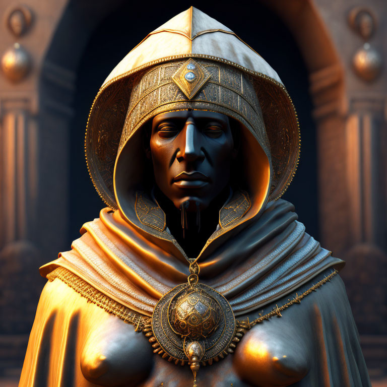 Golden hooded robe with intricate designs on stoic metal face - 3D rendering.