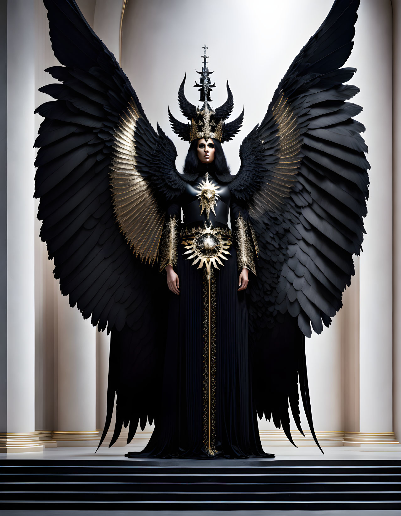 Majestic figure with black and gold wings in celestial-themed attire in columned hall