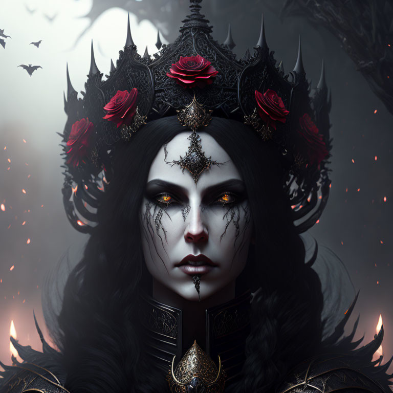 Gothic queen with dark crown, roses, bats, and embers