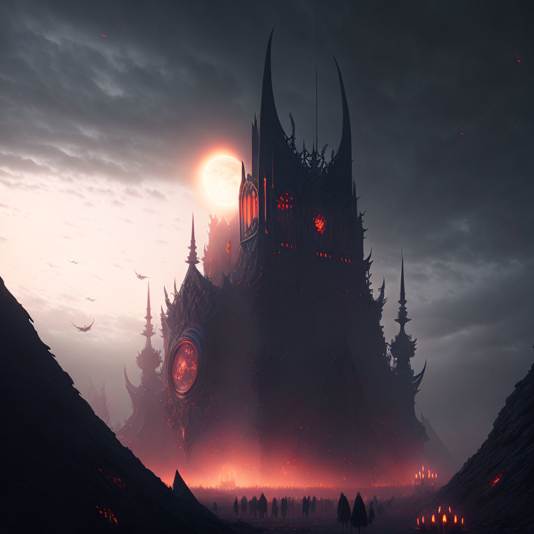 Gothic castle under red sun in misty setting