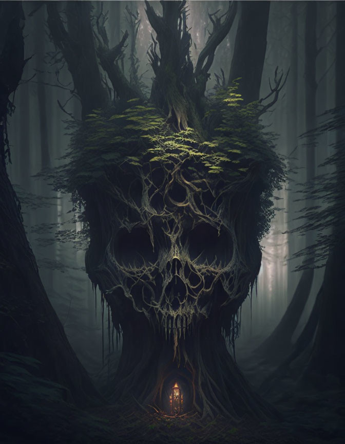 Mystical forest scene with skull-like tree, moss, small door, and foggy backdrop
