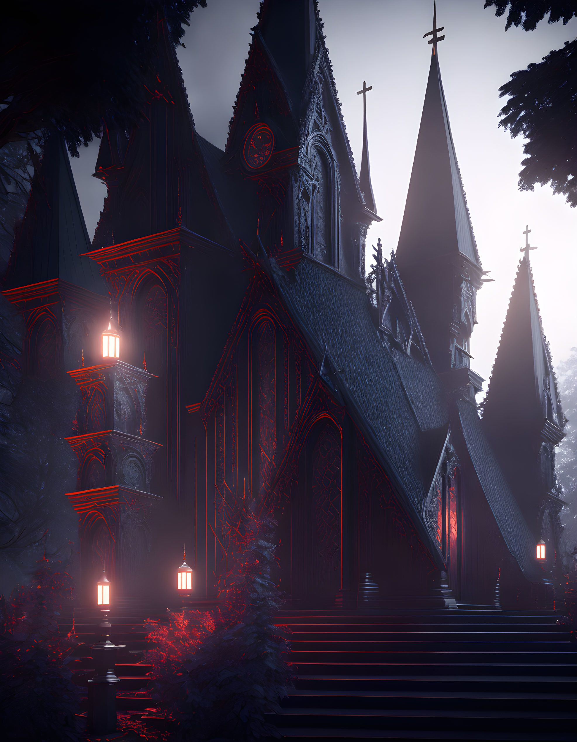 Gothic Cathedral with Red Lighting at Dusk