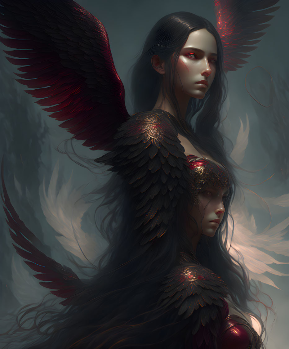 Ethereal figures with dark hair and red-tipped wings in artistic illustration