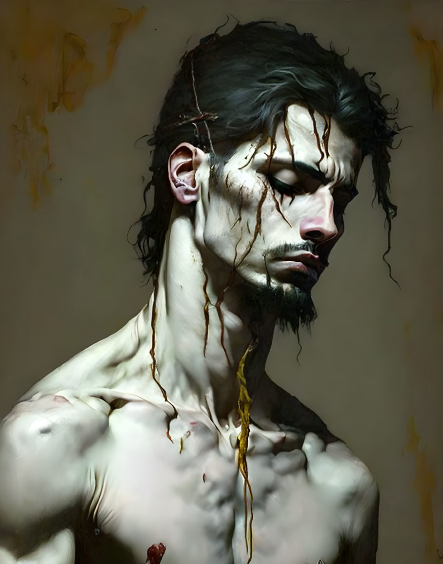Digital artwork: Stern man with dark hair, beard stubble, honey-like streaks.