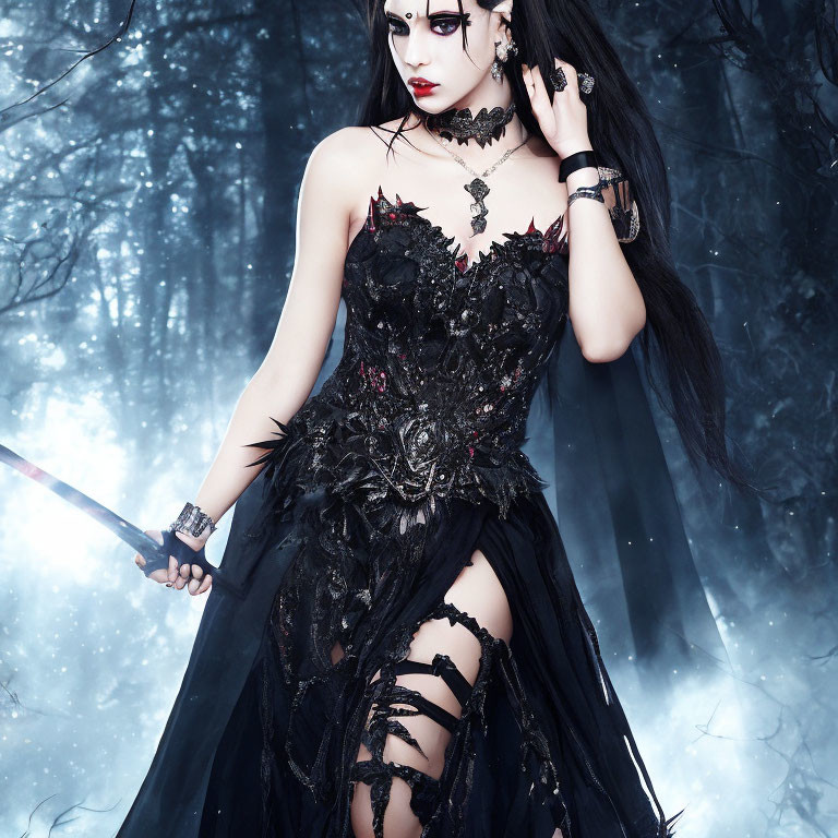 Woman in Gothic Black Dress with Red Accents Holding Sword in Misty Forest