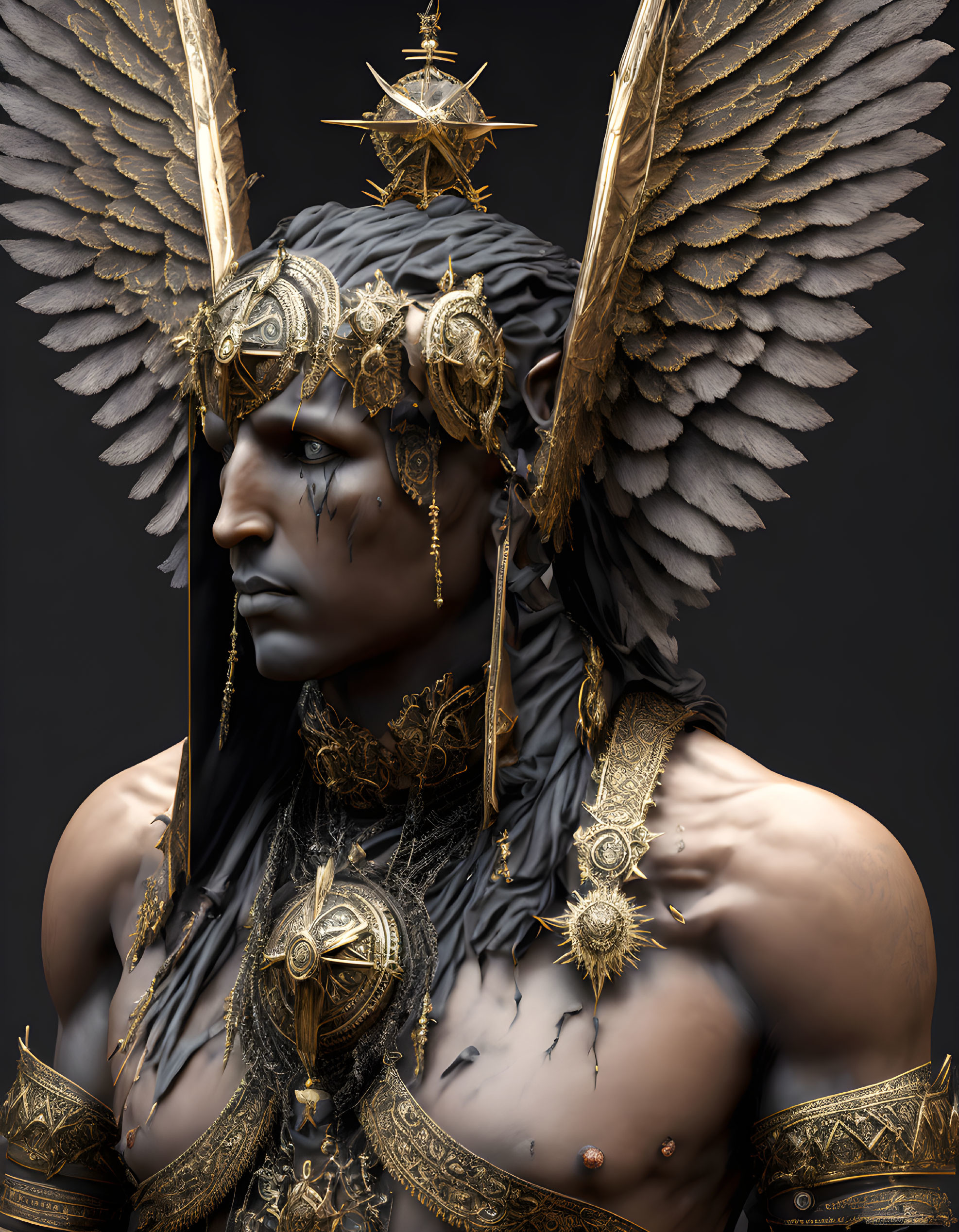 Digital artwork of person in golden headdress and armor with feathered wings