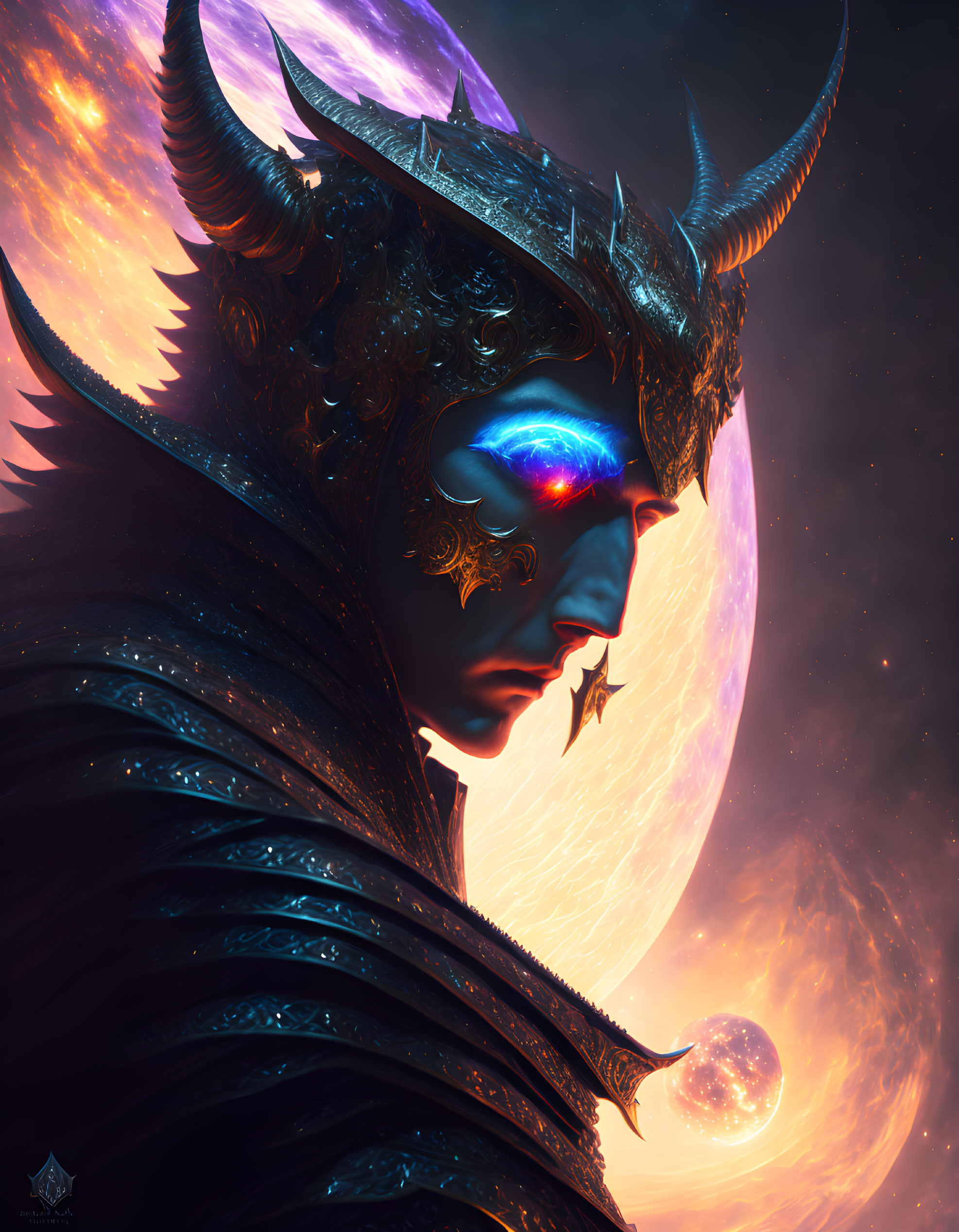 Fantastical figure in ornate armor gazes at glowing orb in celestial scene