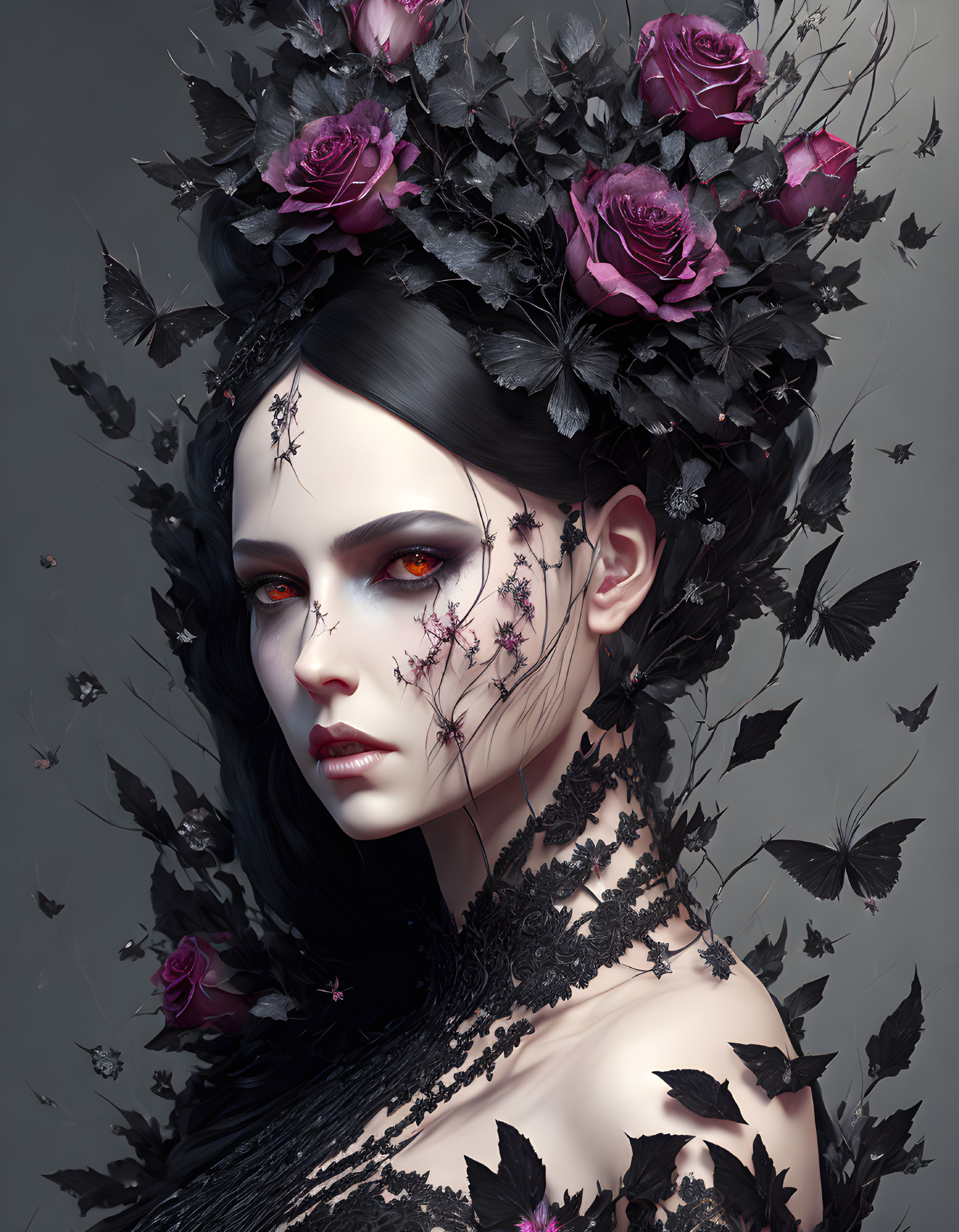 Stylized portrait of a woman with dark makeup and black crown of branches and roses