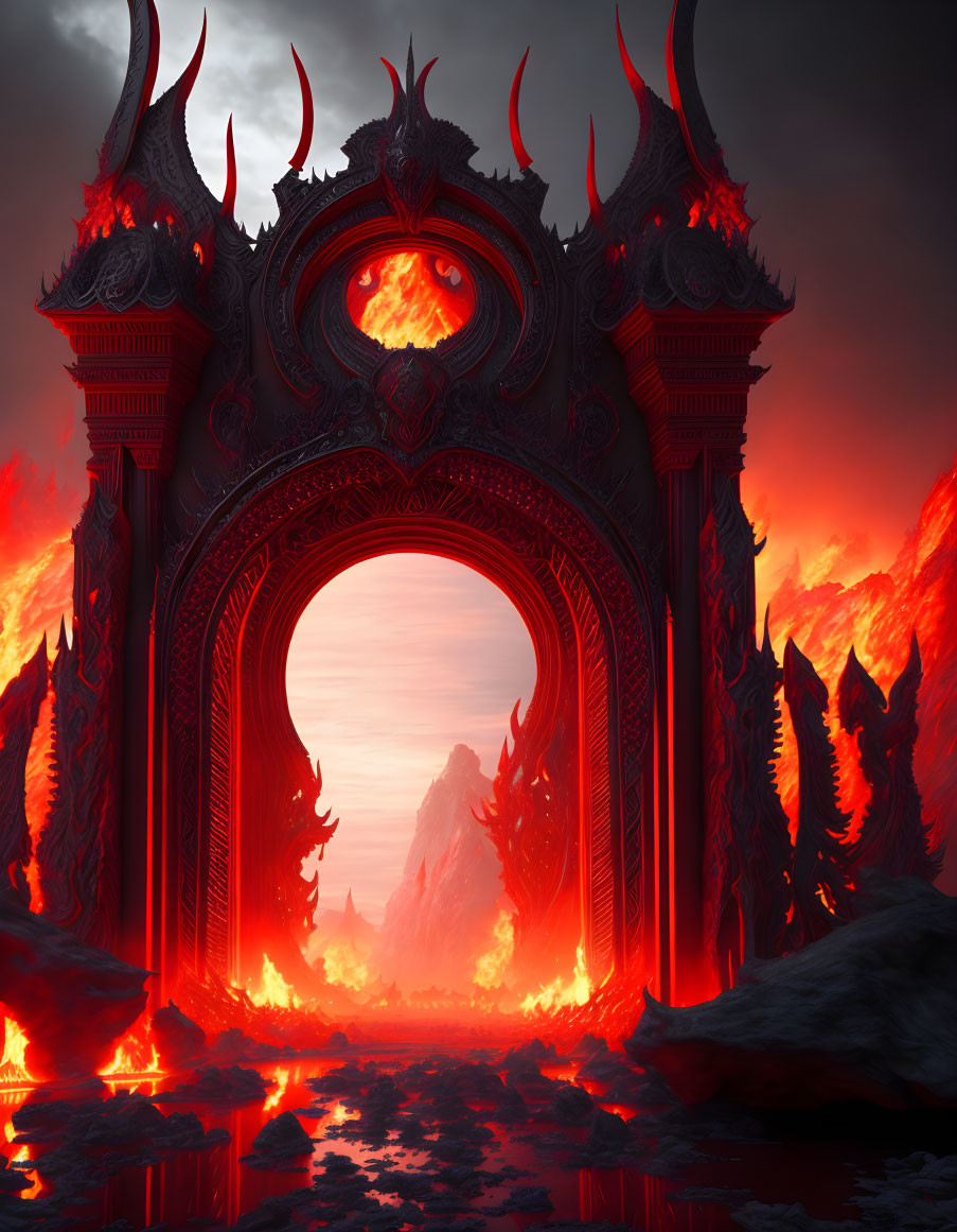 Ornate dark gate against fiery landscape with molten lava flows
