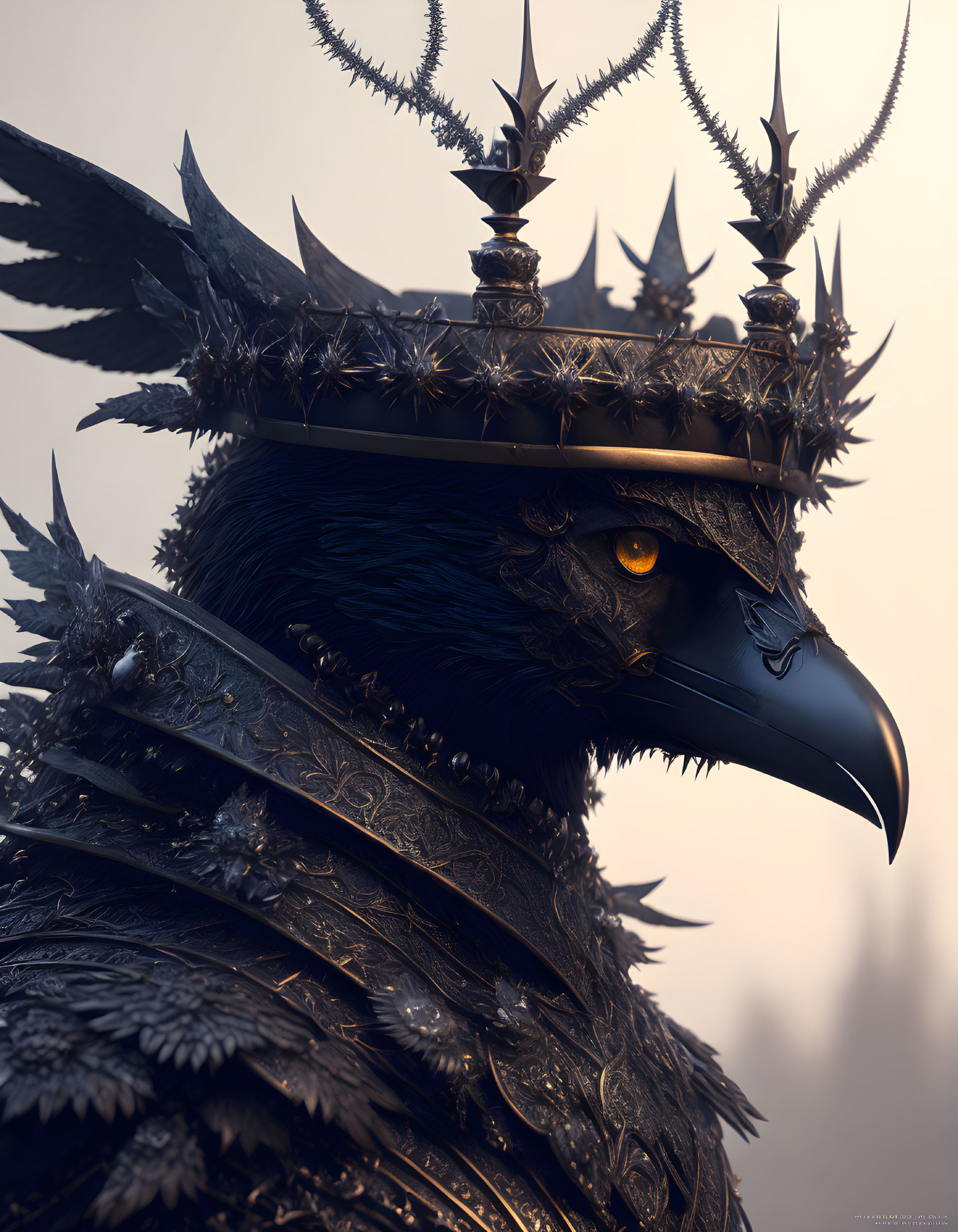 Regal crow with spiky crown in dark armor on misty backdrop