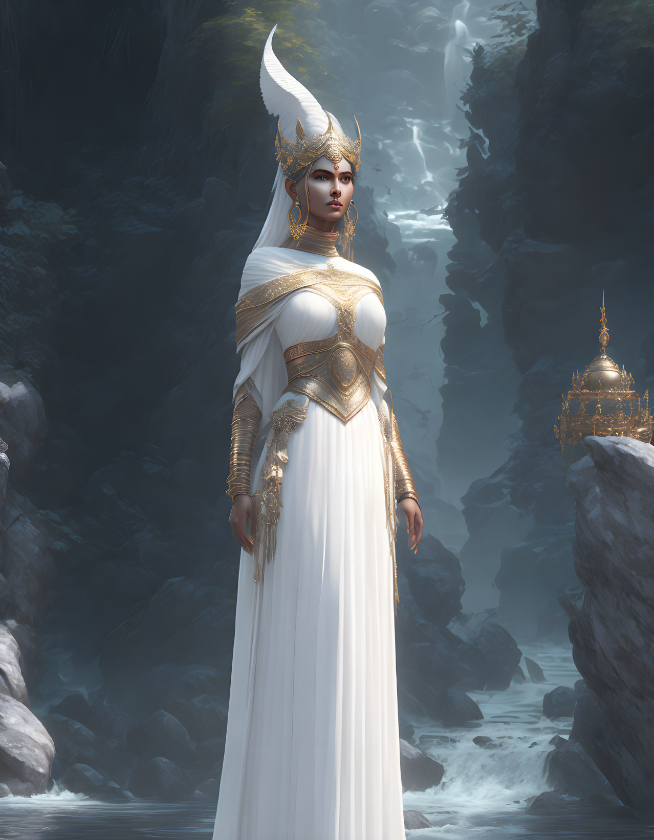 Woman in white and gold costume at waterfall in rocky landscape