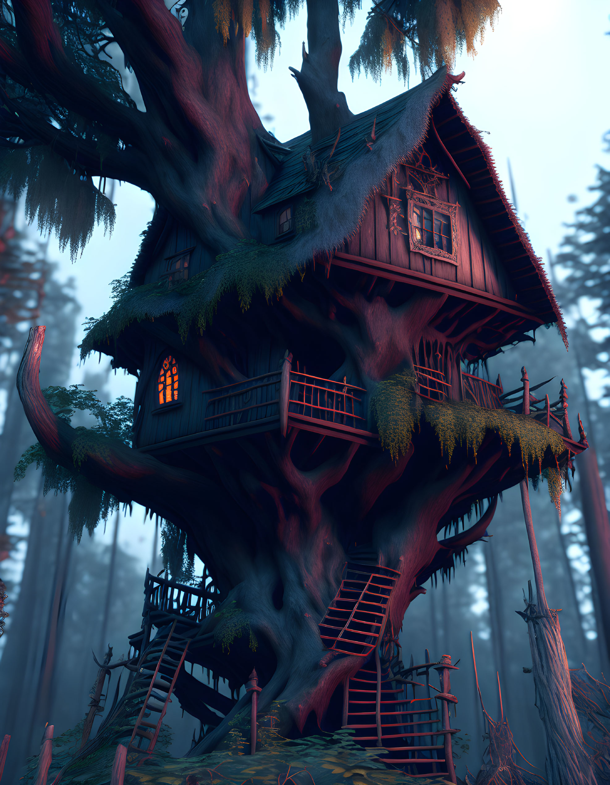 Whimsical treehouse with glowing windows in misty forest