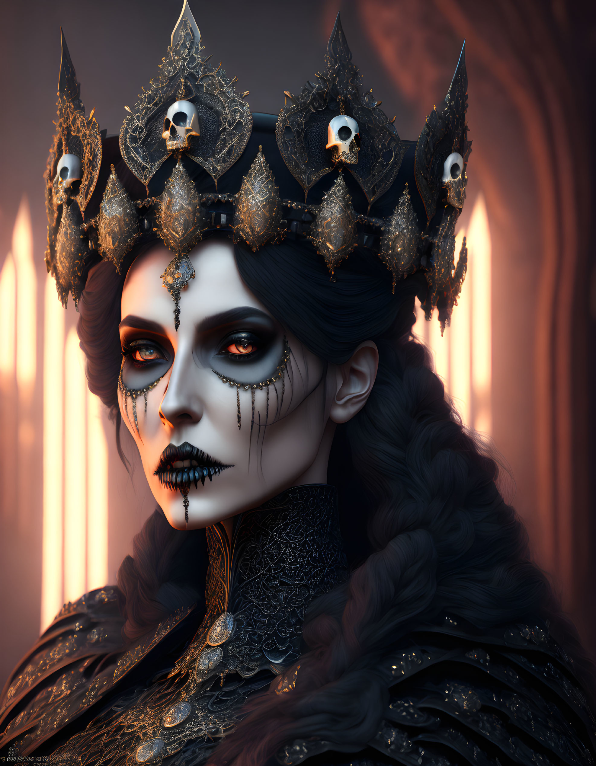 Dark regal woman in skull crown and dramatic makeup against dimly lit columns