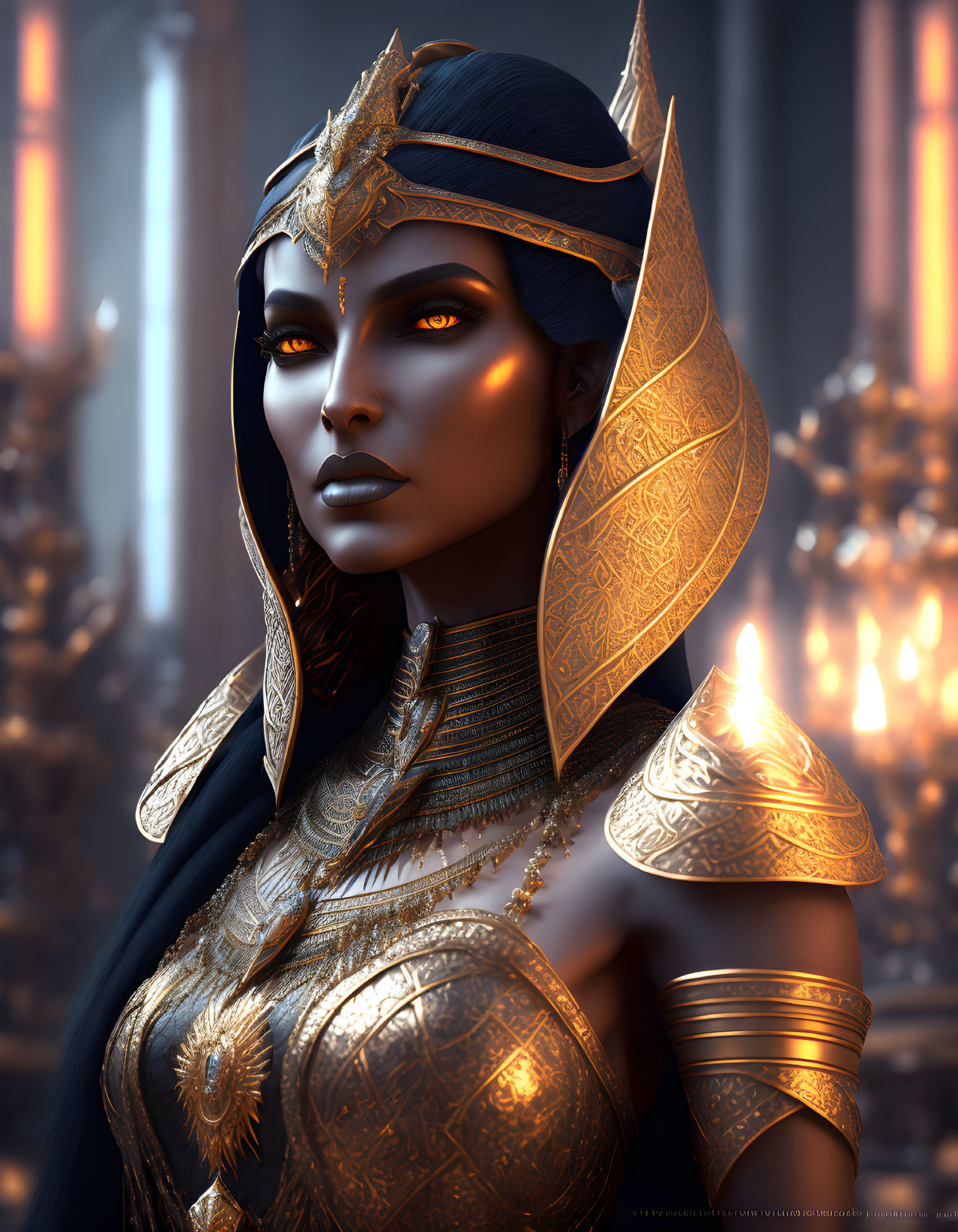 Regal woman in golden armor with intricate designs against fiery backdrop
