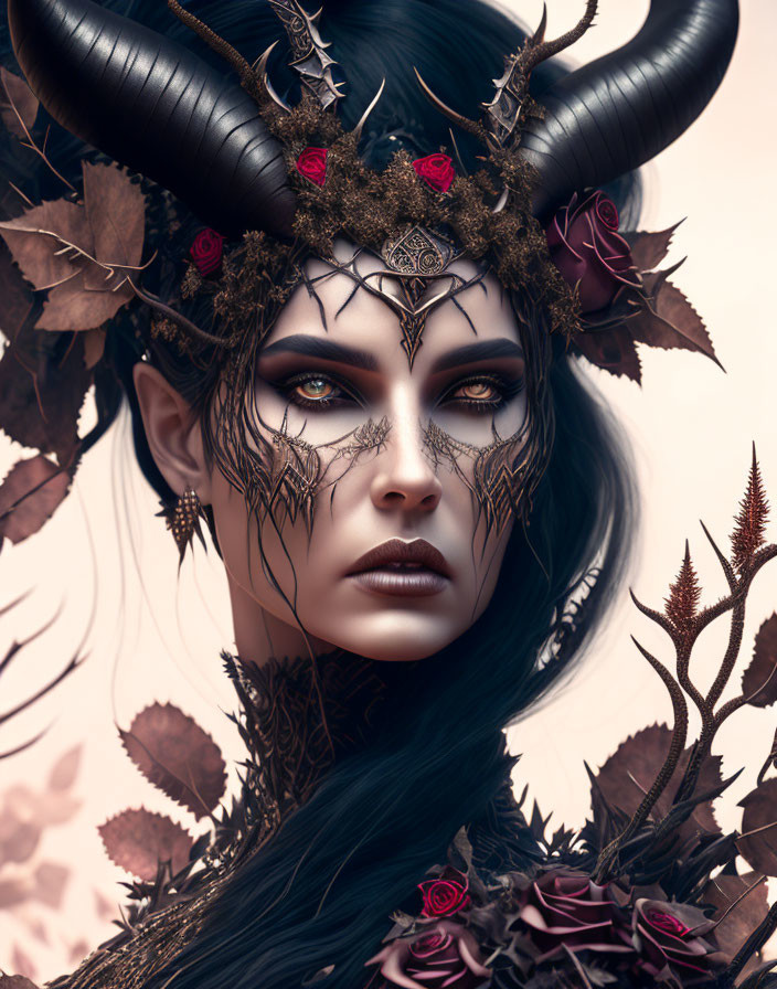 Person with dark makeup and horned headdress in floral setting