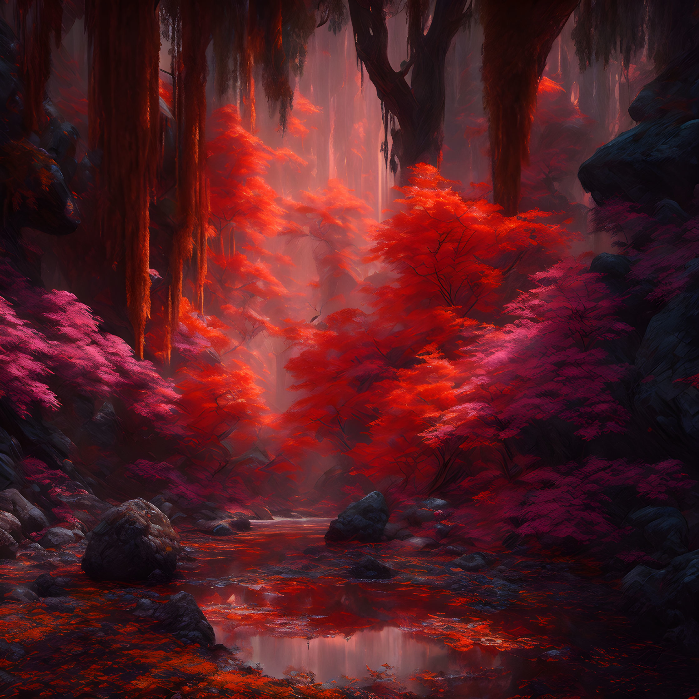 Mystical forest digital art: vibrant red foliage, misty ambiance, serene pond.
