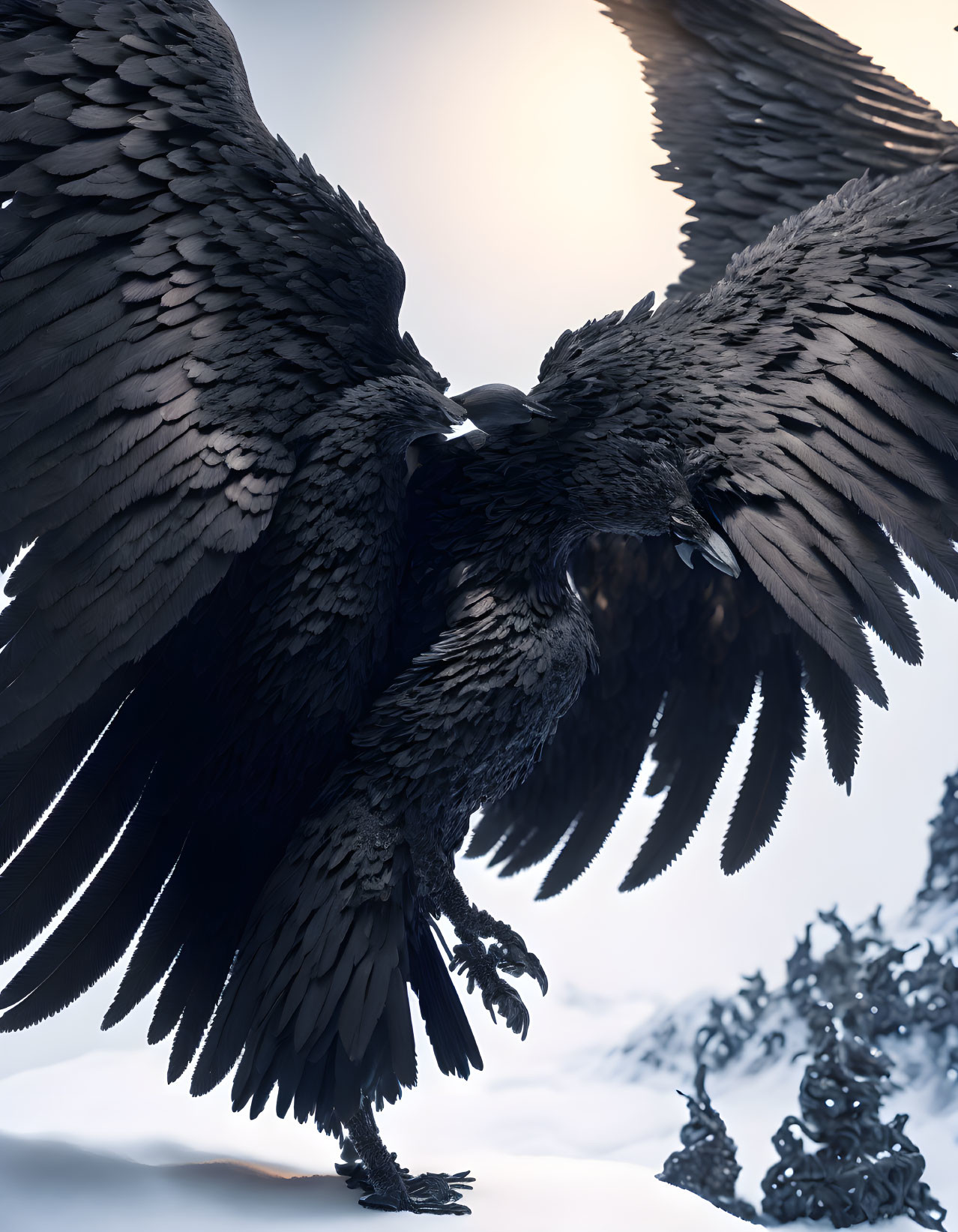 Majestic black bird with wings spread in snowy landscape