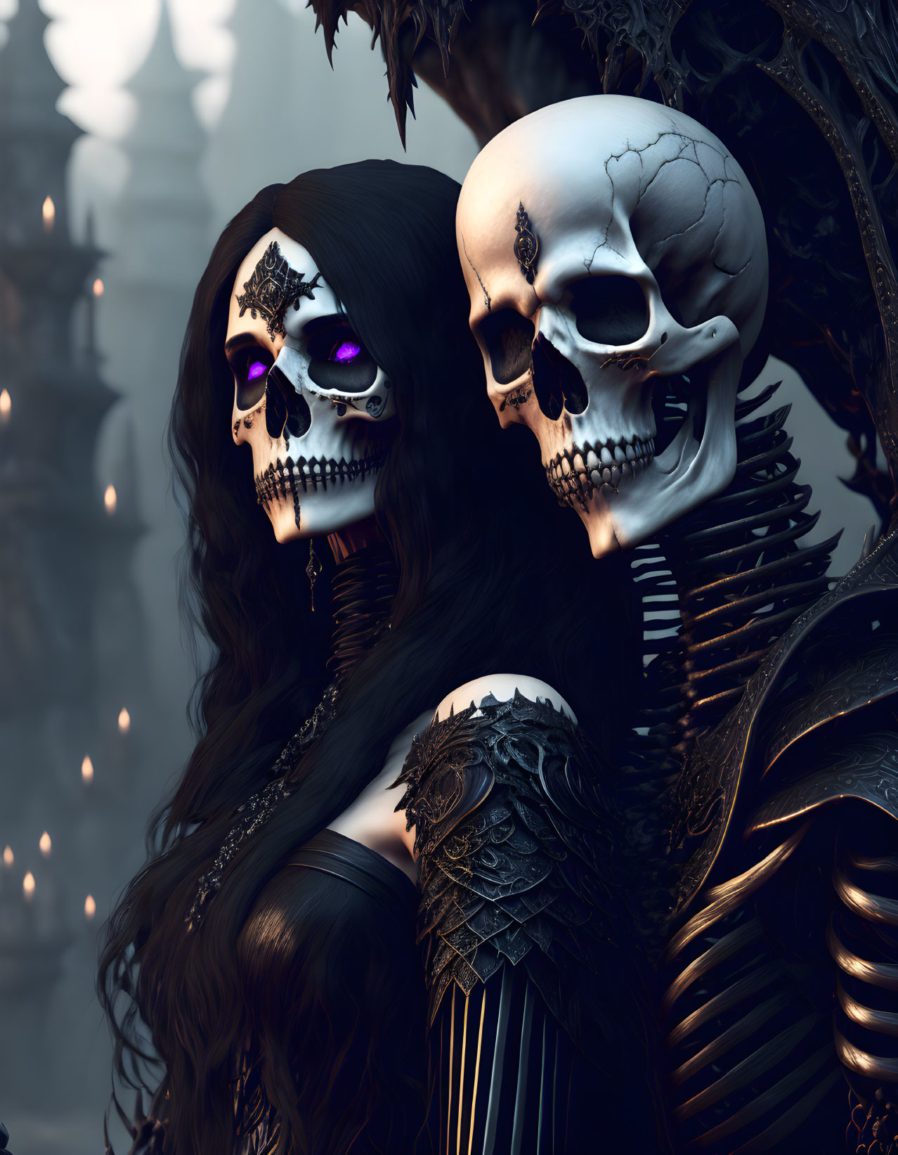 Detailed skull makeup on skeletons in dark attire against candle-filled backdrop