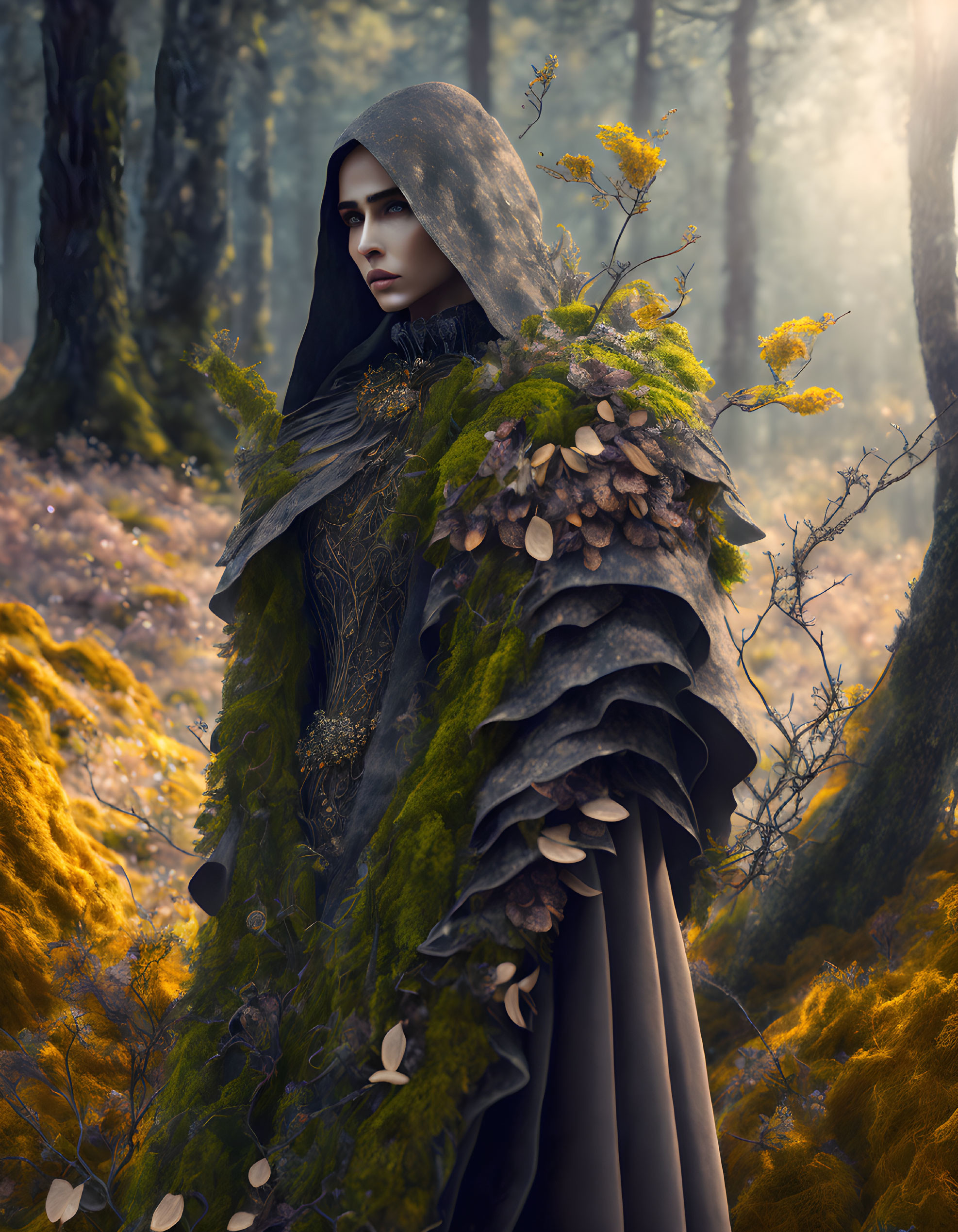 Person in earth-toned garments surrounded by forest foliage and soft light