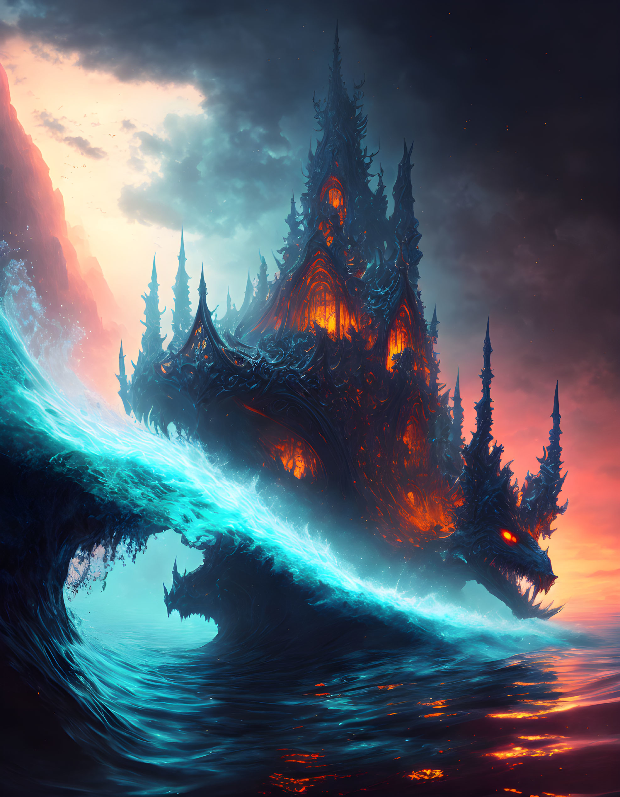 Eerie glowing castle by dramatic bioluminescent ocean at dusk