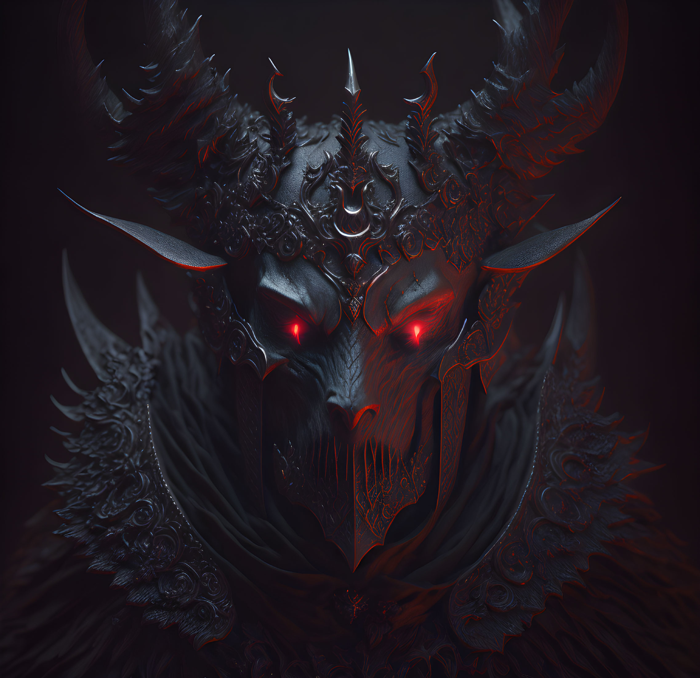 Fantasy creature with glowing red eyes and dark horns in intricate armor