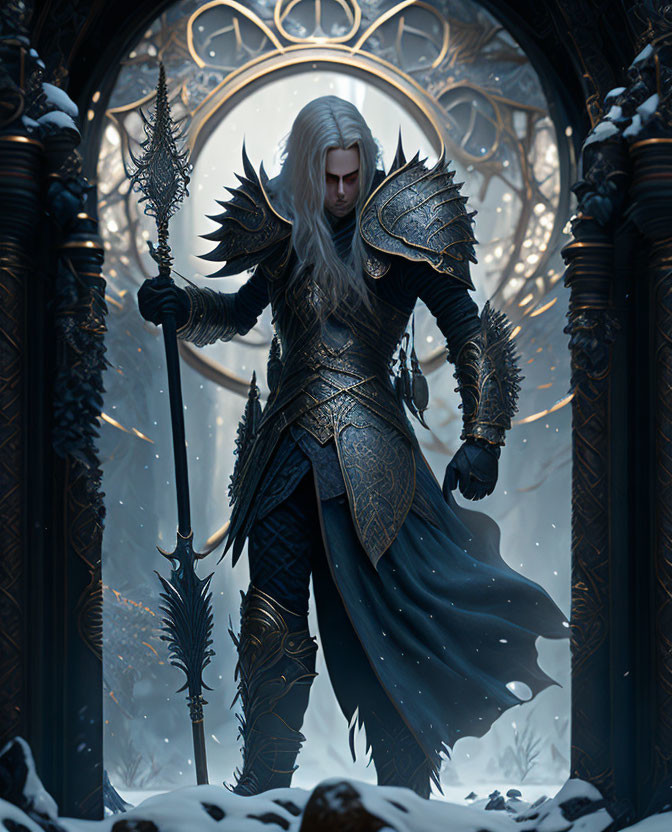 White-haired figure in dark armor with spear by gothic archway