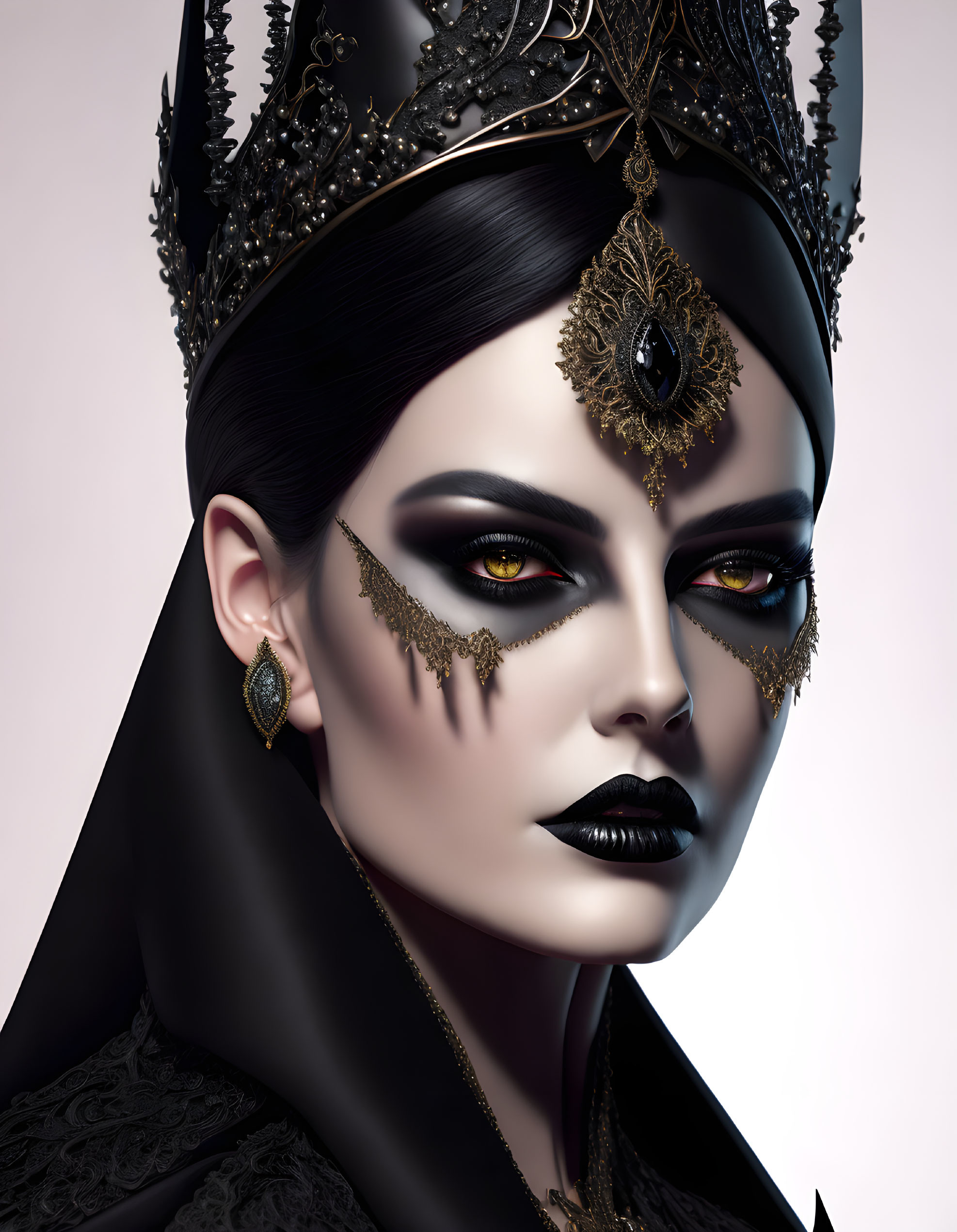 Digital portrait of woman with striking makeup, golden jewels, and dark crown