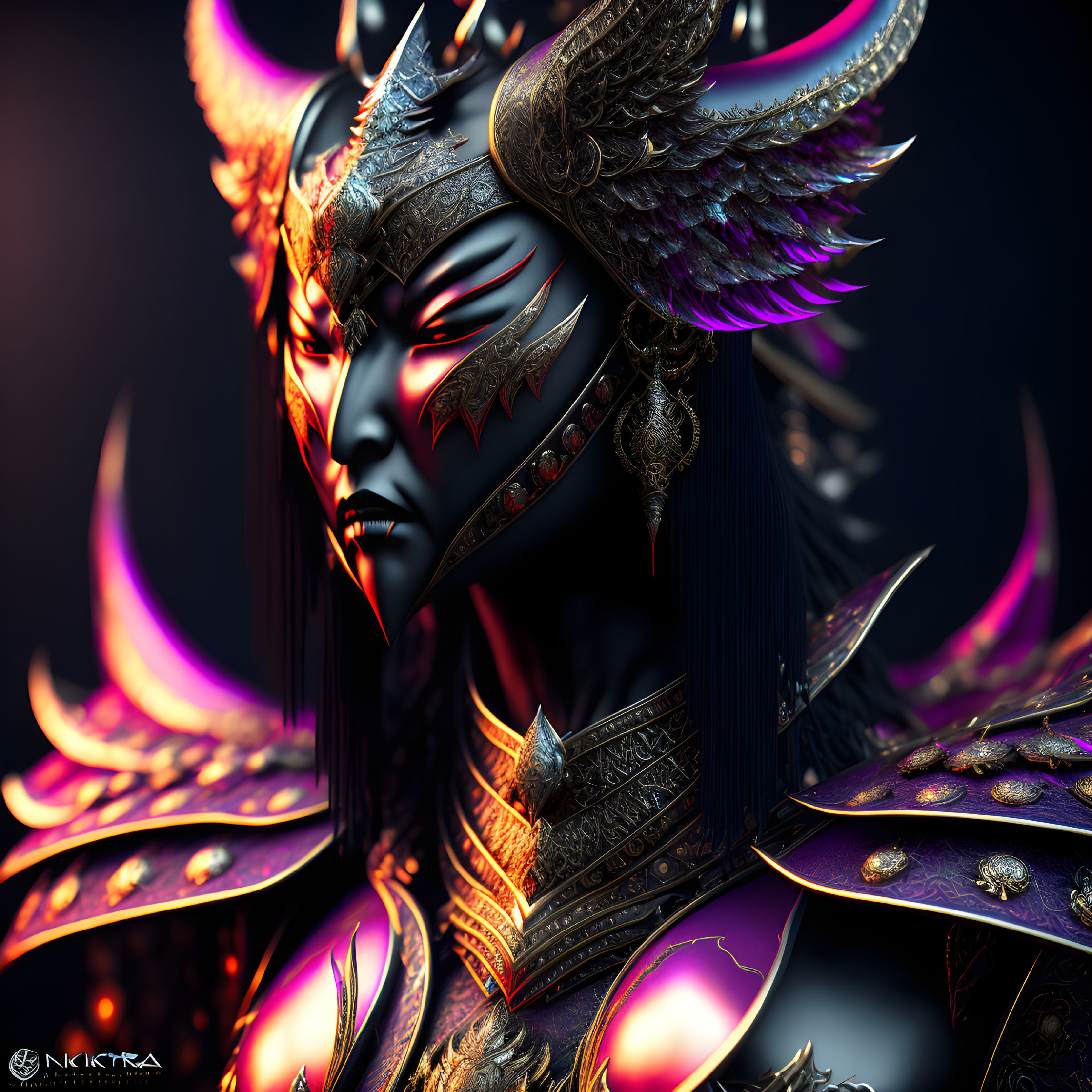 Detailed 3D fantasy warrior illustration with metallic textures, winged helmet, and elaborate armor.