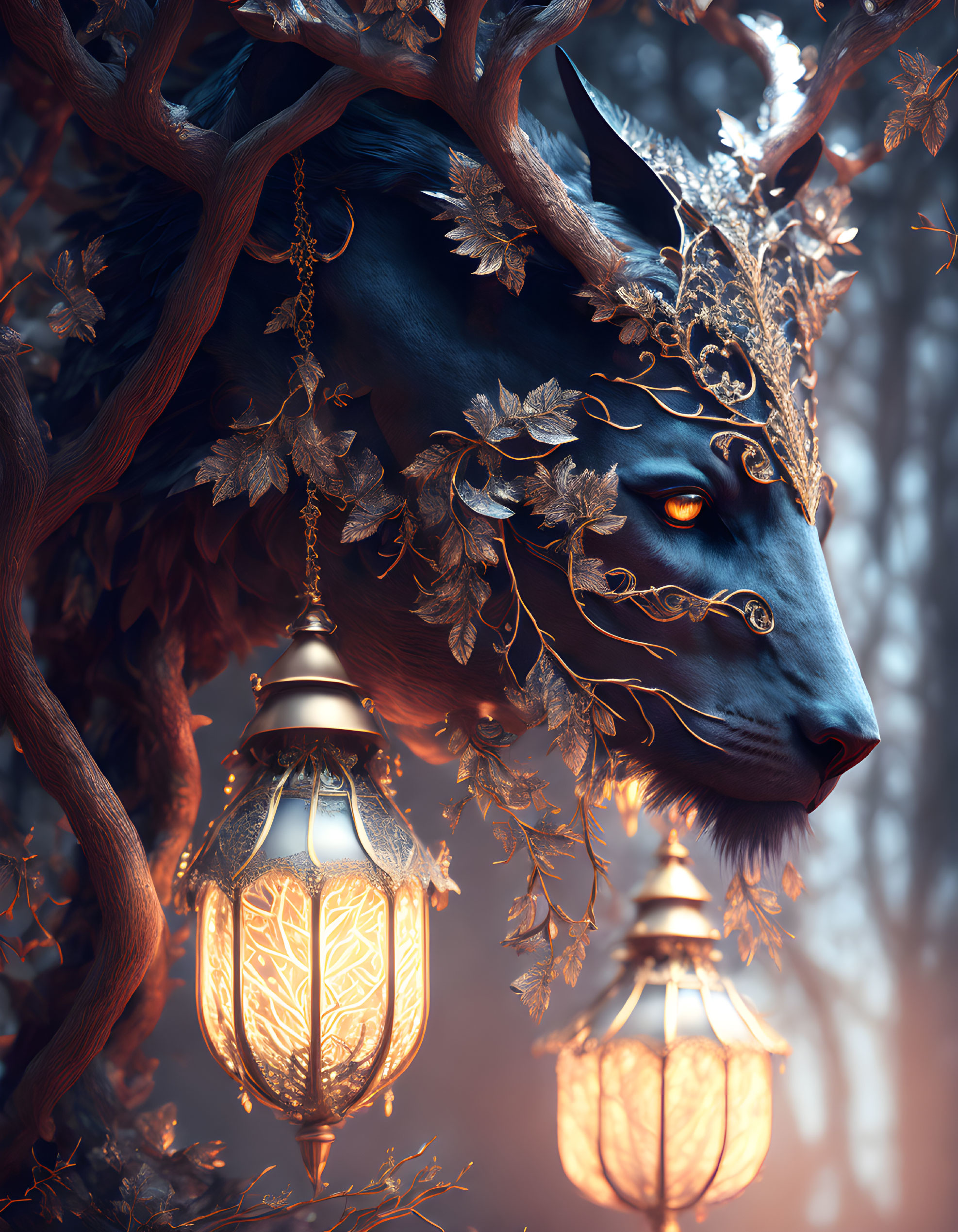 Black Panther with Gold Headpiece in Enchanted Forest Scene