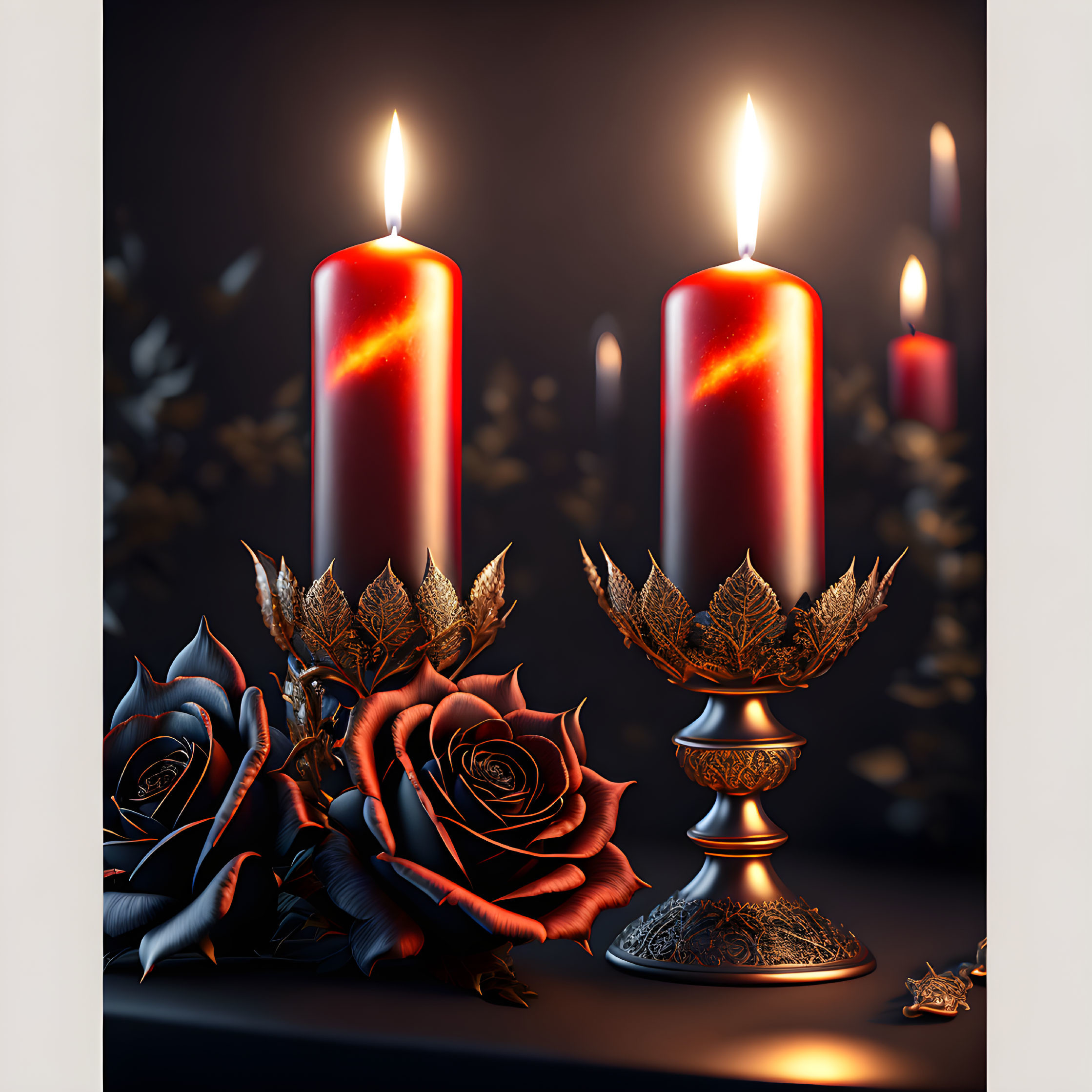 Three lit red candles on ornate stands among dark roses and metallic leaves, reflecting on a shadowy