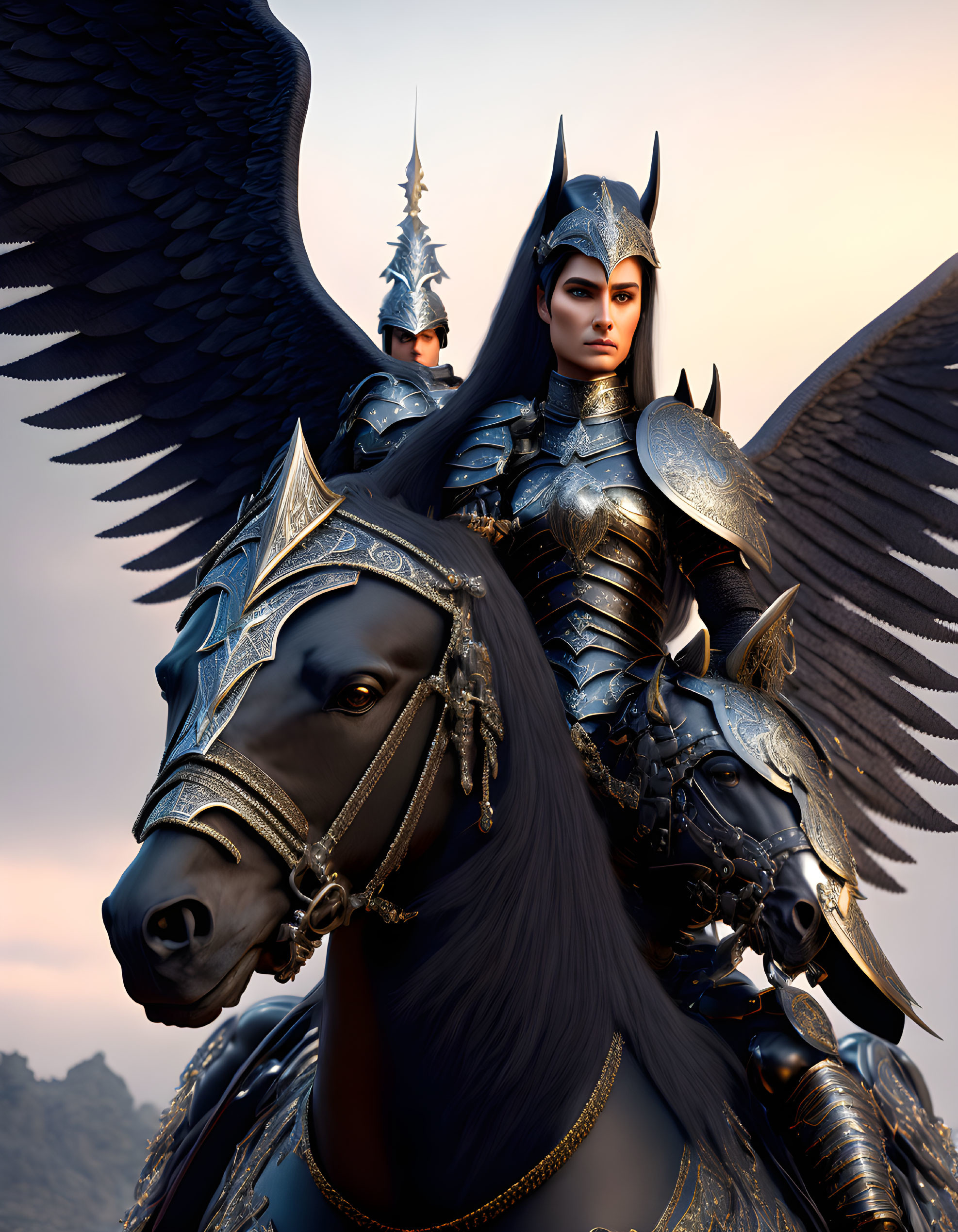 Fantasy armored warrior with wings riding horse in twilight sky