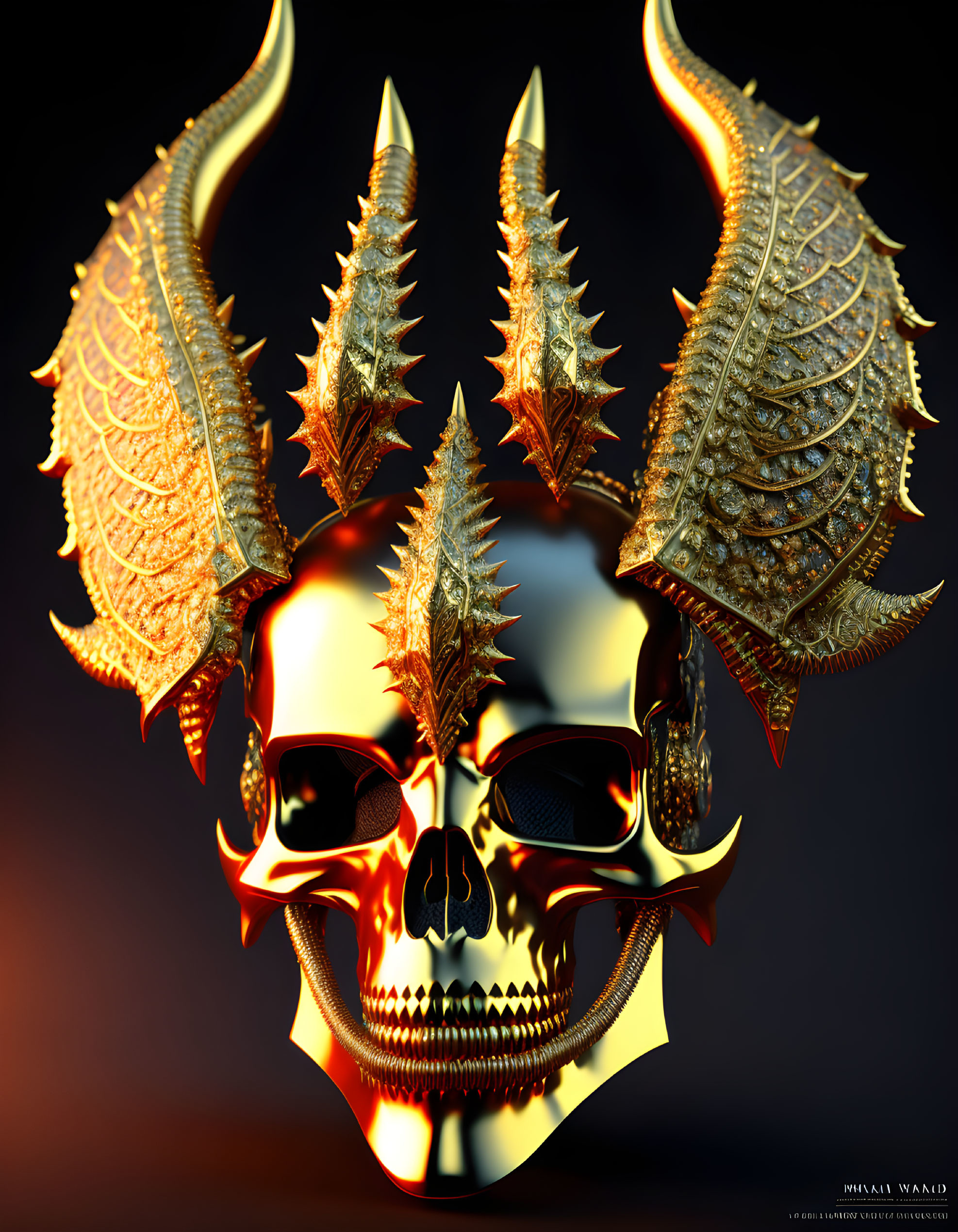 Golden skull with wings, flaming eyes, and ornate horns in 3D rendering