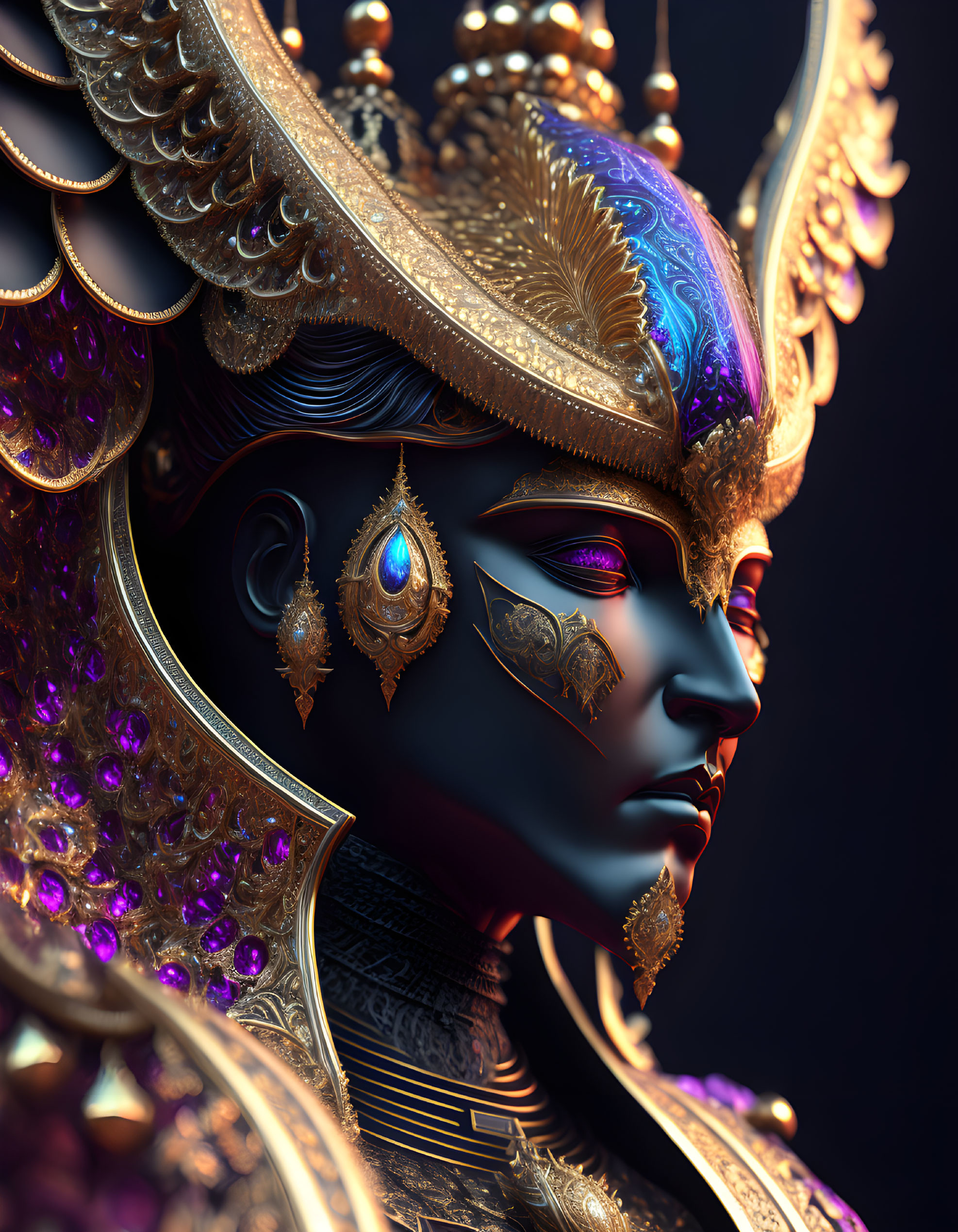 Detailed 3D Digital Artwork: Person in Golden Headgear and Armor with Purple Gems on Dark