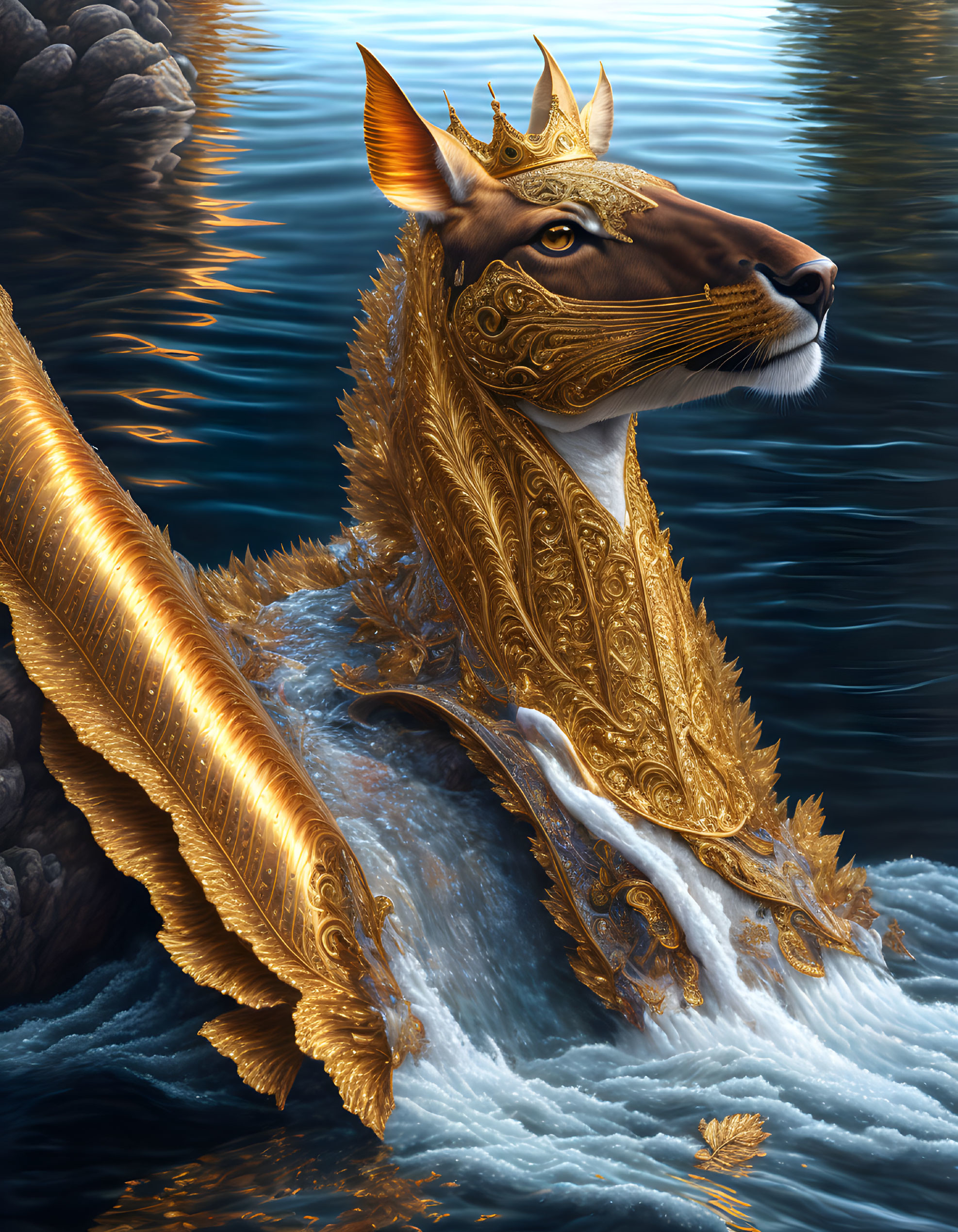 Golden Egyptian Cat-Headed Dragon Emerges from Water