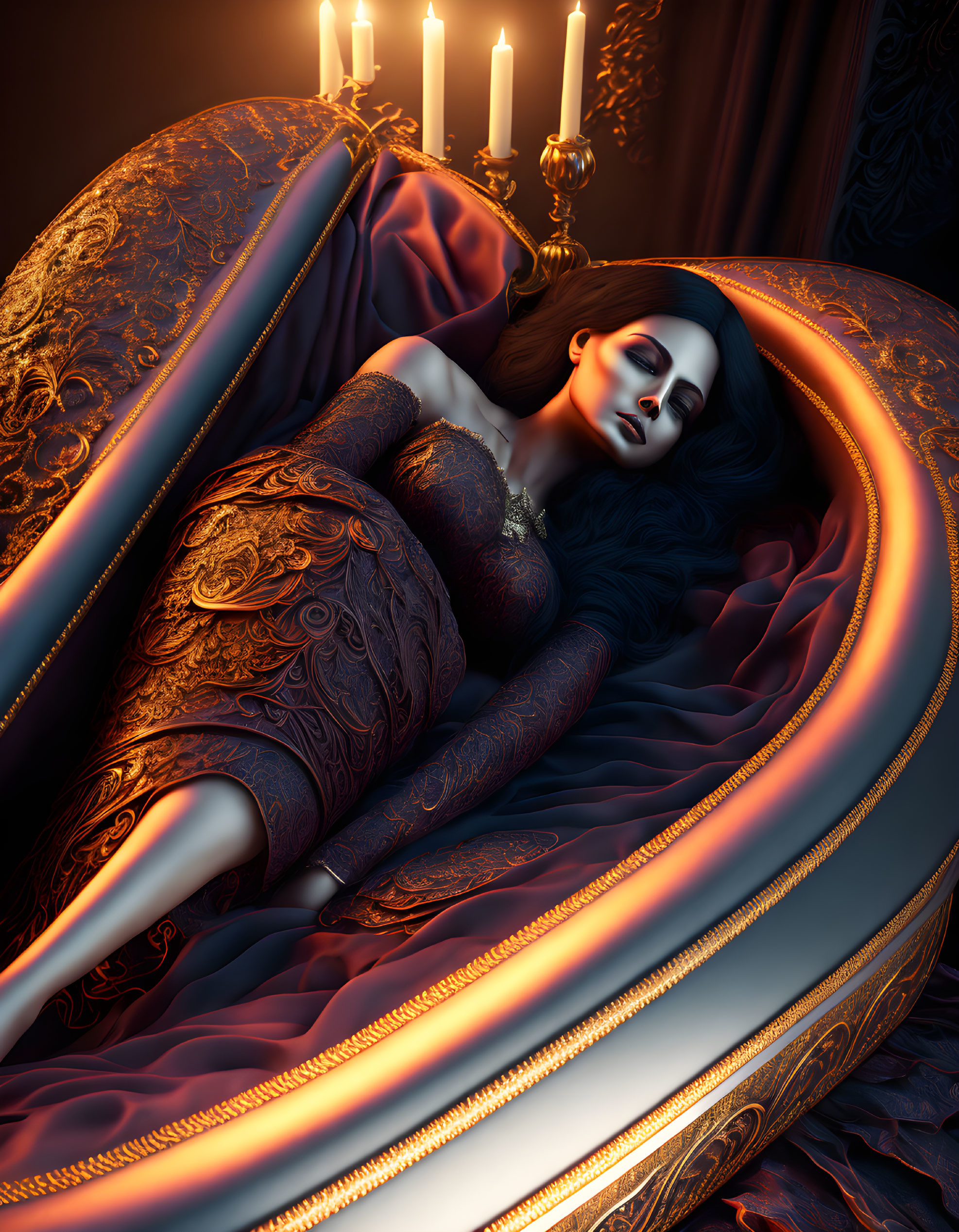 Gothic-style Woman on Chaise with Candles in Luxurious Gown