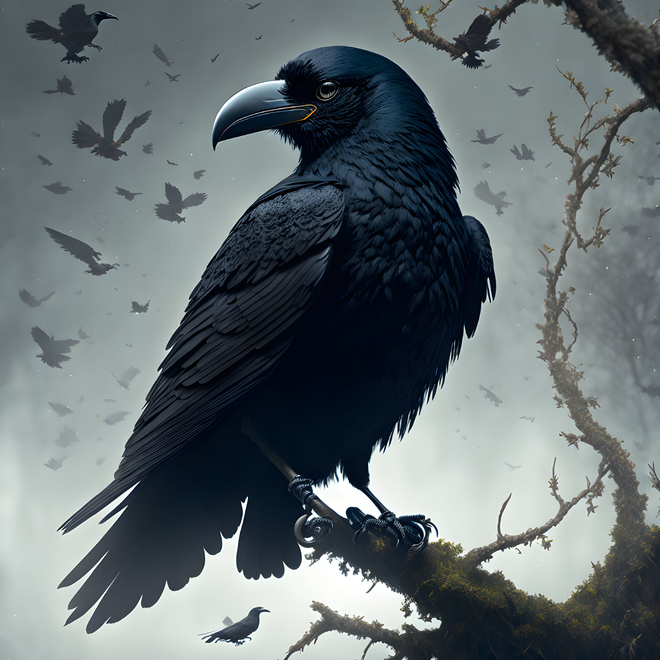 Detailed image of raven on branch with silhouetted ravens against moody sky