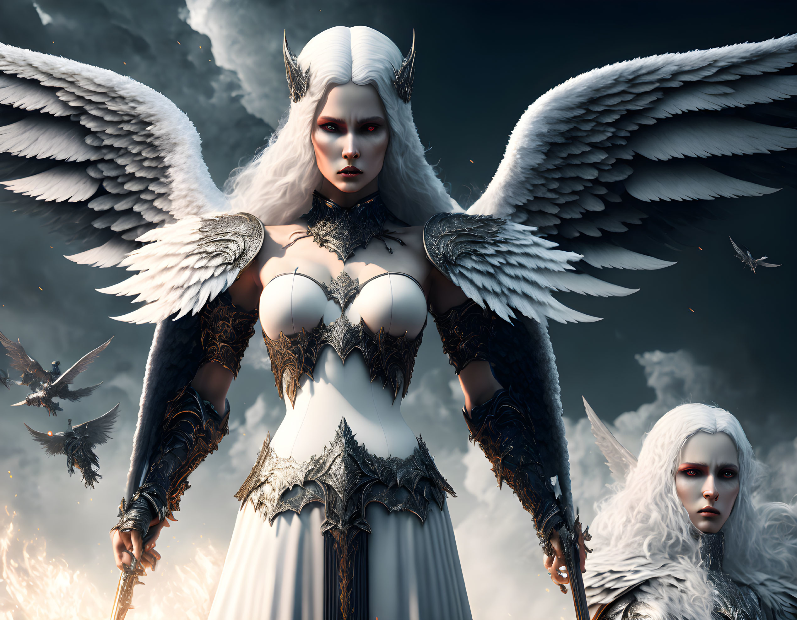 Digital Art: Ethereal Female Figures with White Wings and Ornate Armor