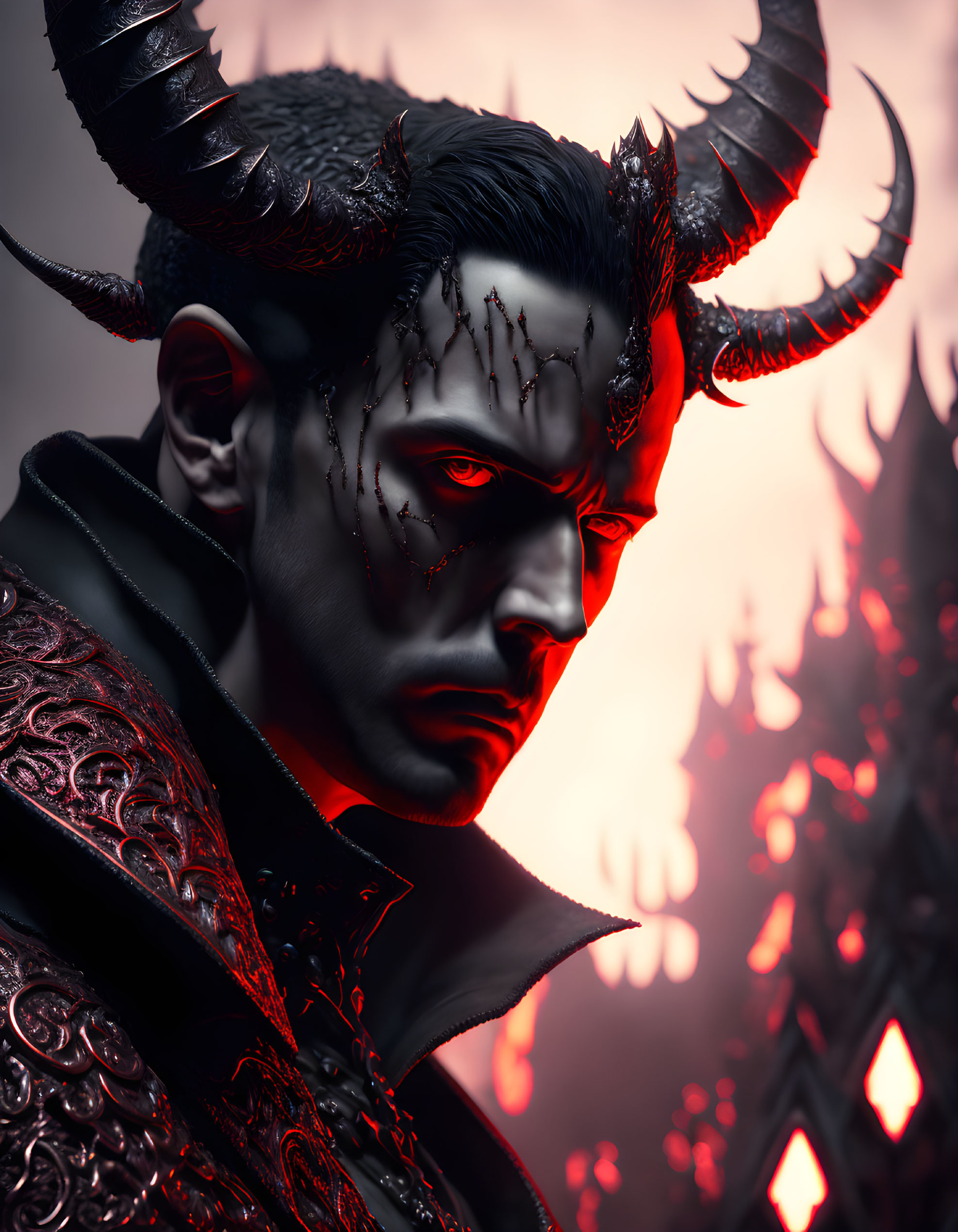 Male character with black horns and red eyes in dramatic portrait