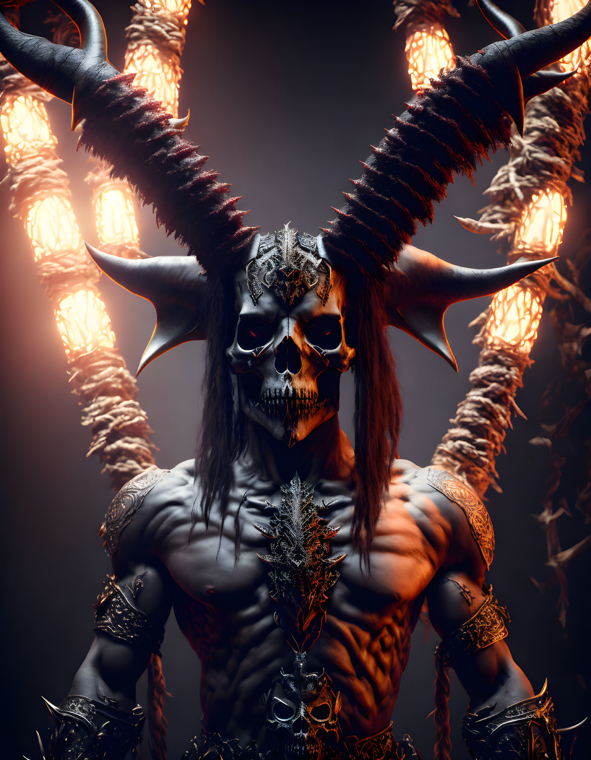 Person in Skull Mask with Horns and Armor Poses Dramatically