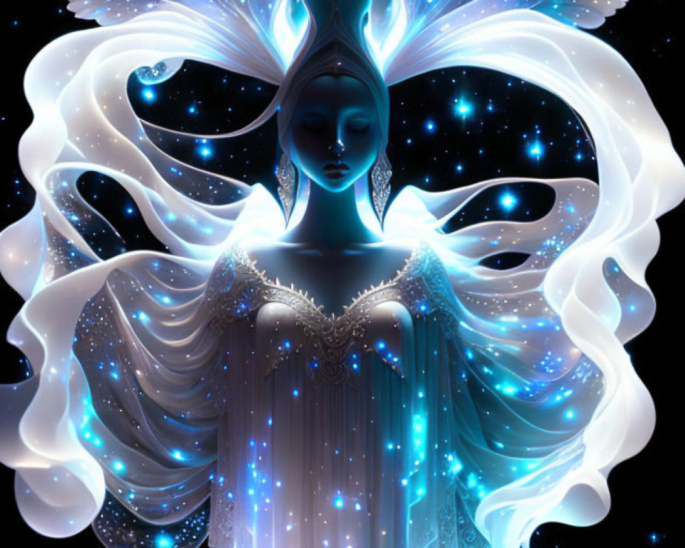 Luminescent figure with butterfly wings in starry backdrop