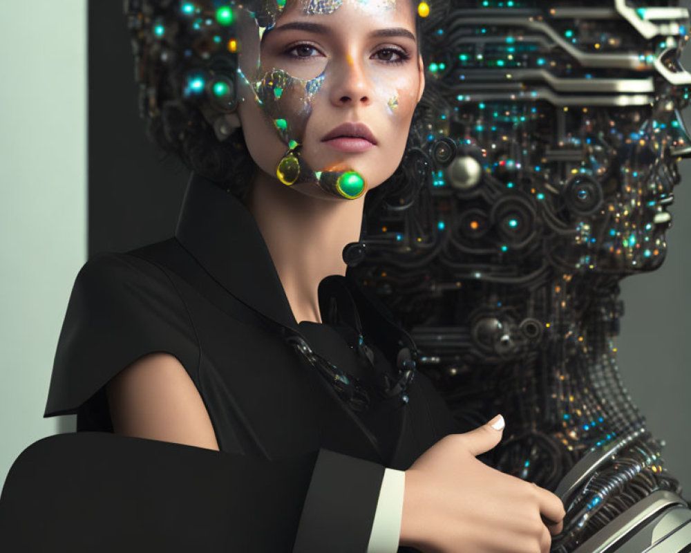 Futuristic woman with glowing cybernetic enhancements and complex machinery in background