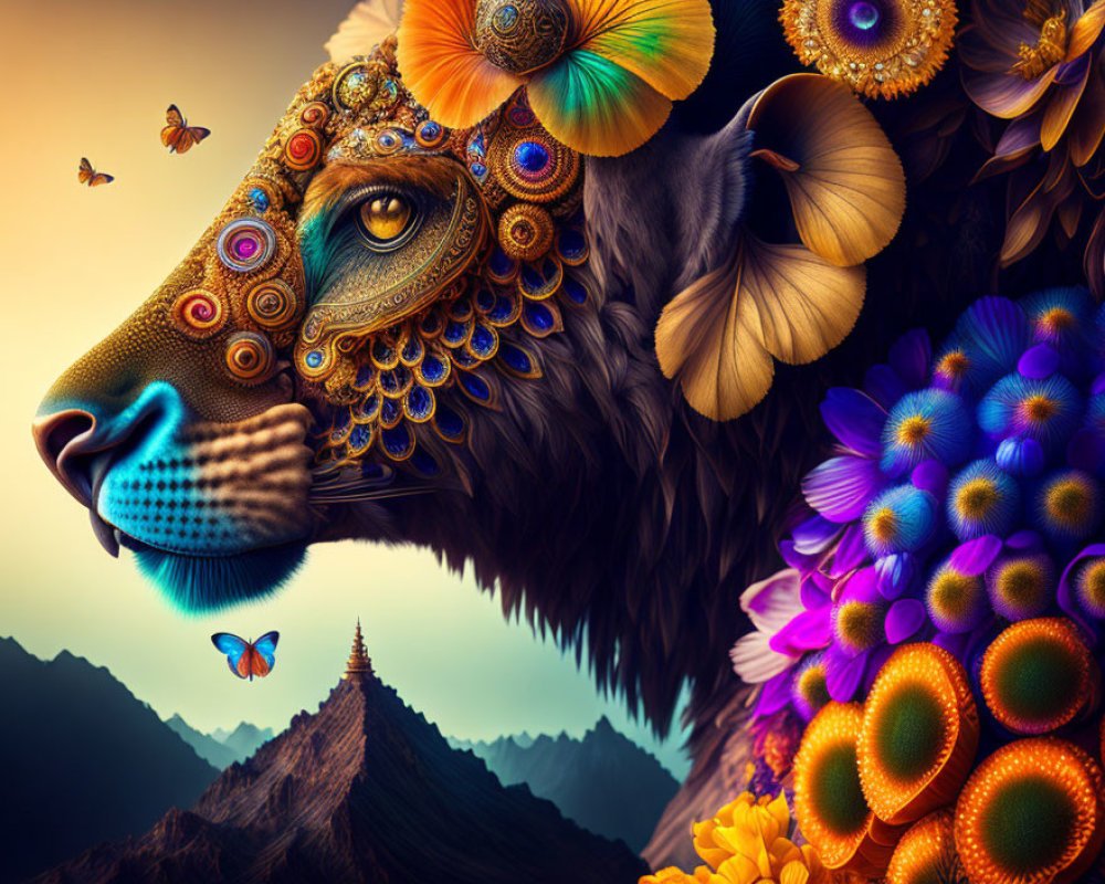 Colorful lion with floral mane and butterflies against mountain and temple.