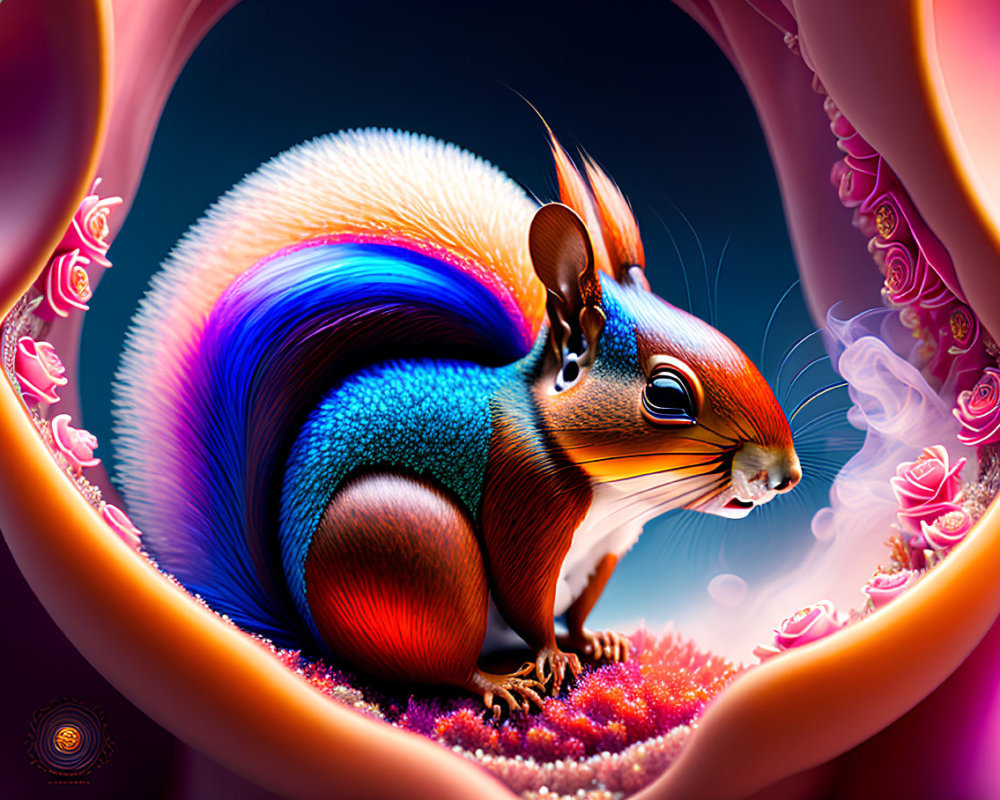 Colorful Stylized Squirrel Surrounded by Roses and Whimsical Designs