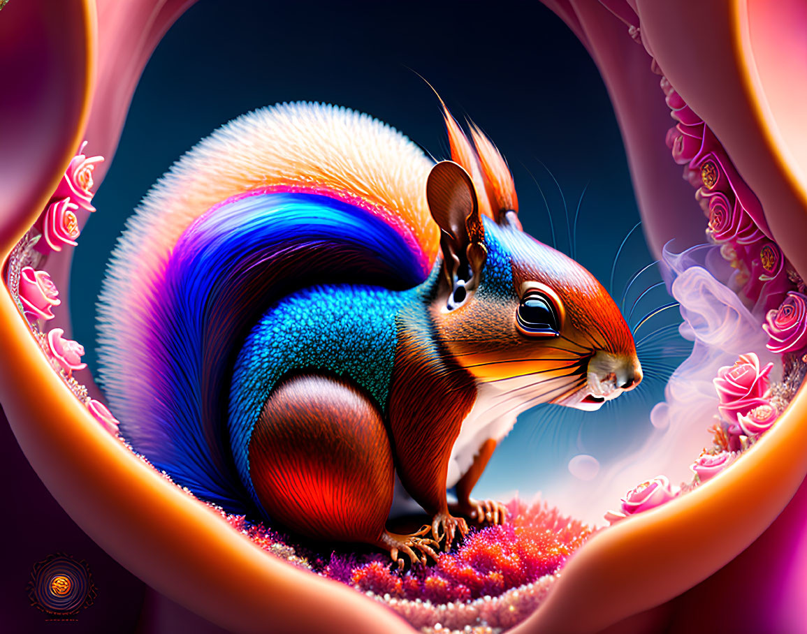 Colorful Stylized Squirrel Surrounded by Roses and Whimsical Designs
