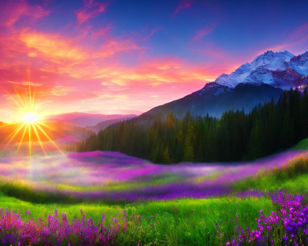 Colorful Sunrise Over Meadow and Snowy Mountain Peak